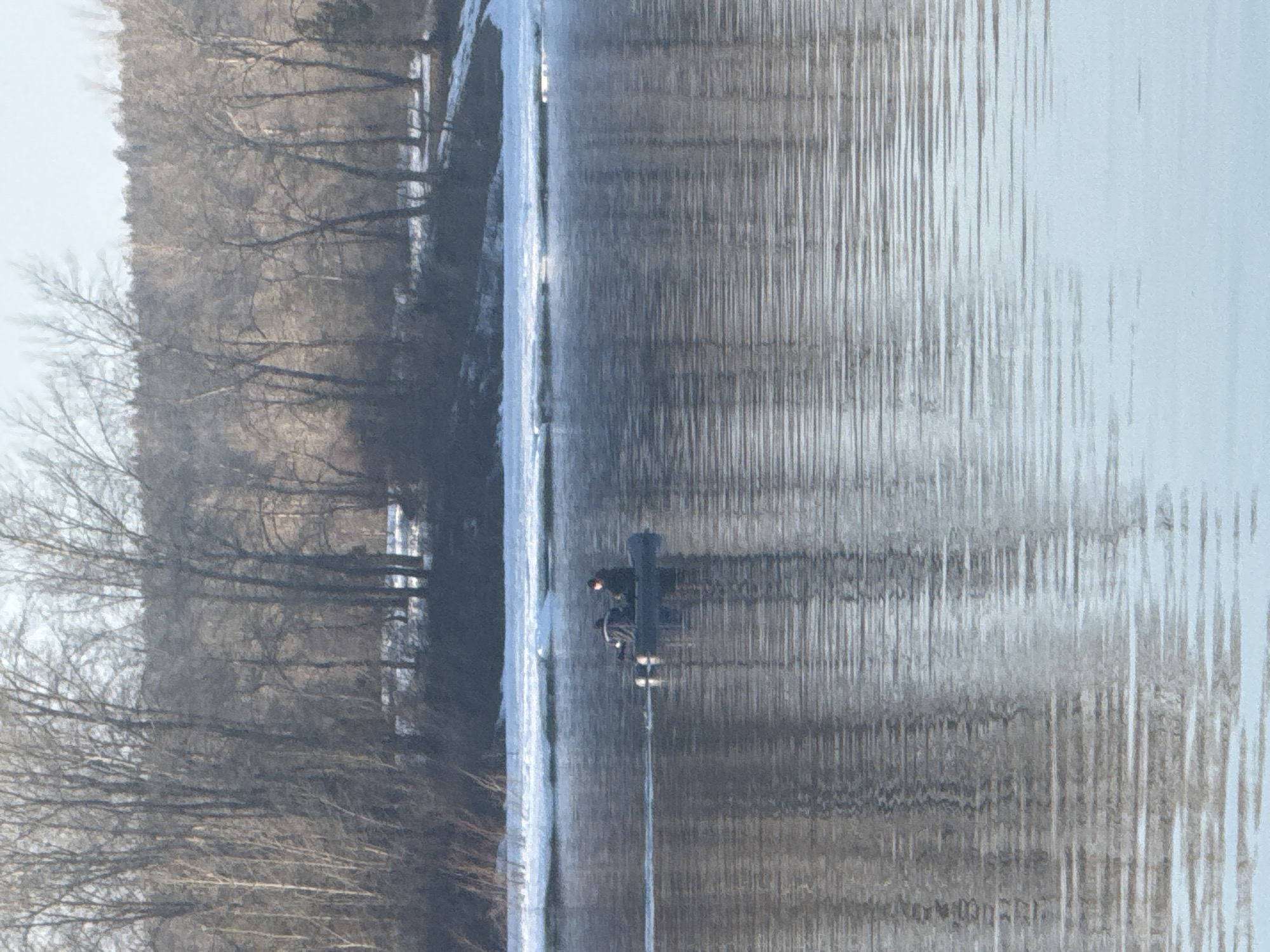 A person in dark clothing is riding a bicycle on a partially frozen body of water next to a snow-covered shoreline lined with bare trees. The water surface is textured with vertical lines, possibly indicating ripples or the beginning stages of freezing. The location appears to be a river or lake in a cold climate. Based on the city provided (Chaikovsky, Russia), the image likely depicts a winter scene in the Chaikovsky area.