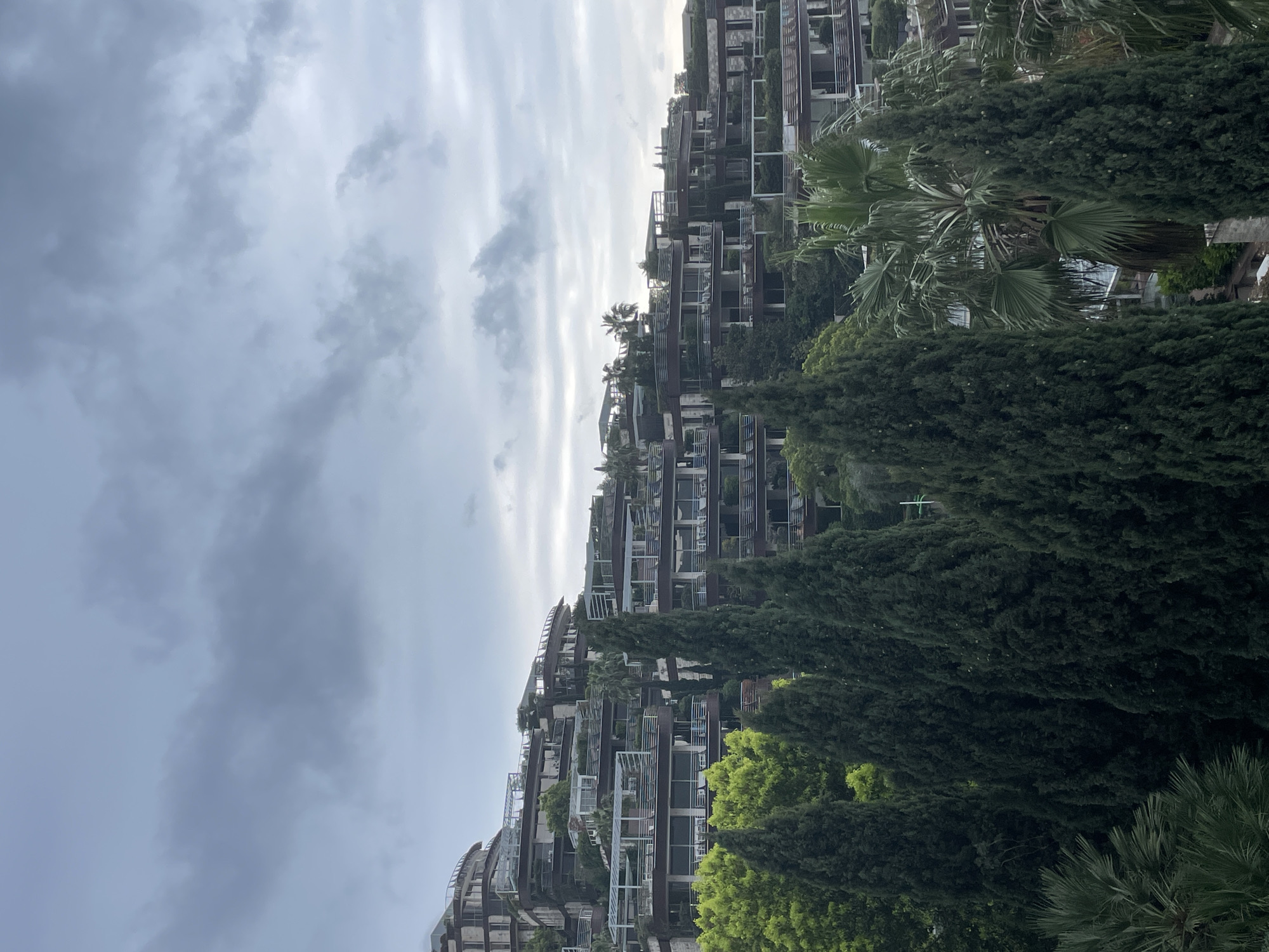 The image displays a multi-level terraced architectural complex, identified as Dukley Gardens, situated on a verdant hillside in Budva, Montenegro. The structures feature brown-toned facades, extensive glass panels, and numerous balconies with white railings and pergolas. Dark green, columnar cypress trees and several palm trees are prominently visible in the foreground and interspersed among the building levels. The sky is uniformly overcast with a blanket of grey clouds. No individuals or discernible activities are present in the frame.