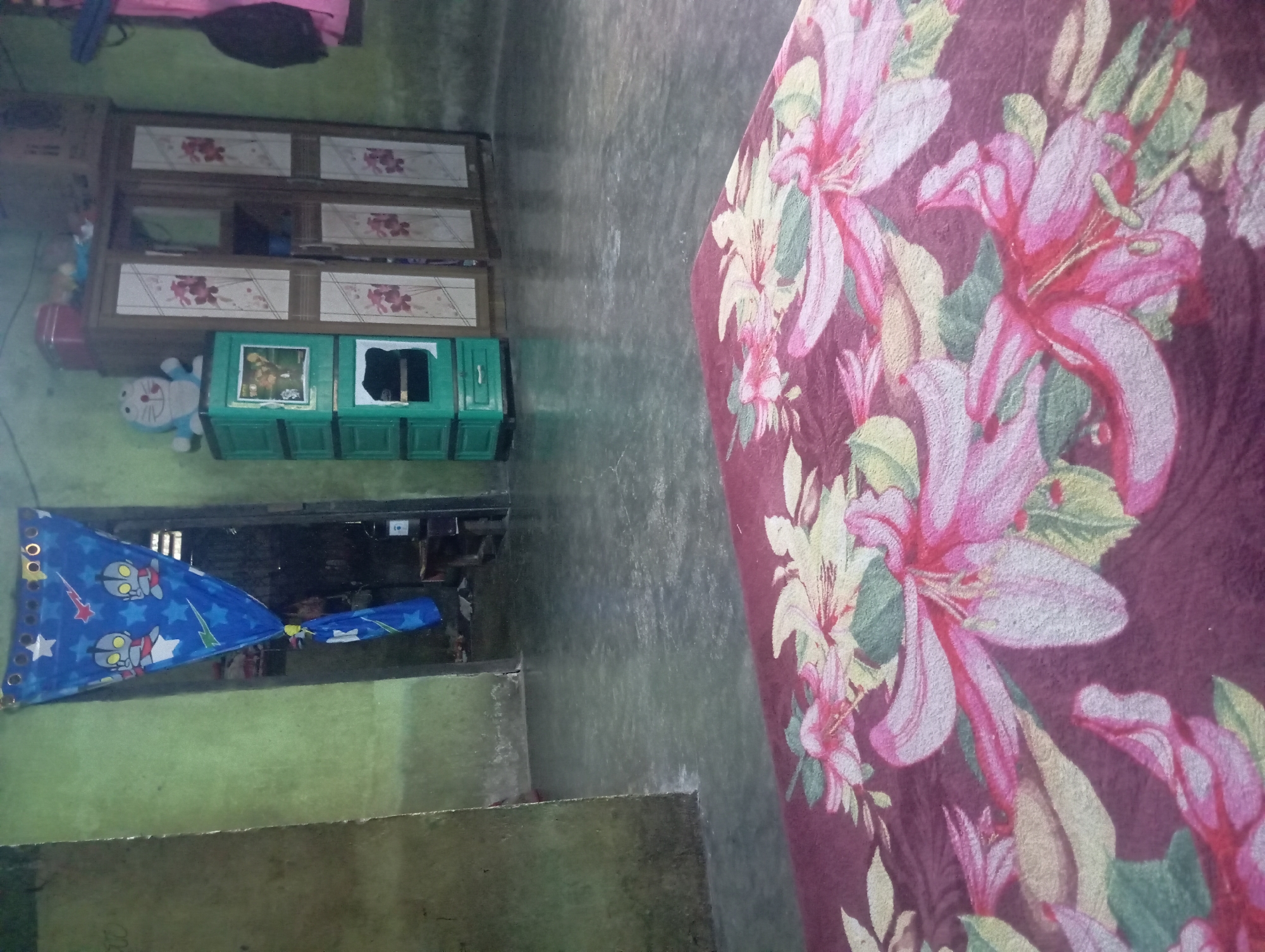 The image captures a dimly lit interior room, likely in Rejosari, Indonesia. The floor is concrete, reflecting the ambient light and showing some signs of moisture or unevenness. In the foreground, a maroon blanket or rug with a large floral pattern in shades of pink, yellow, and green is draped over a surface, partially obscuring the floor.
The background reveals a doorway leading to another area, with a blue curtain featuring cartoon characters, possibly Ultraman, hanging to the side. A green, multi-tiered plastic cabinet stands to the left of a larger wooden wardrobe. The wardrobe is dark brown with decorative panels depicting floral motifs in muted colors. A stuffed toy, a blue and white character resembling Doraemon, sits atop the green cabinet. The walls are painted a muted green, and there are visible marks and stains on them, suggesting wear and tear. Various objects are visible within the open doorway and on shelves within the wardrobe, though their details are indistinct. The overall impression is of a modest, lived-in interior space.