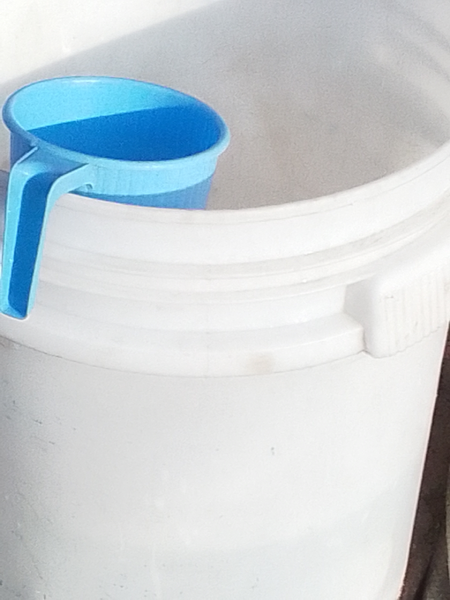 The image shows a close-up of a blue plastic ladle with a handle, resting on the rim of a large white plastic bucket. The ladle is positioned so that its open scoop faces upwards and slightly to the left, with its handle extending downwards and to the left. The bucket is cylindrical and appears to be empty, or at least not filled to a level that obscures the bottom. The background is a bright, uniform white, suggesting either a studio setting with controlled lighting or a very bright, overcast day. The lighting creates some soft shadows and highlights on the objects, giving them a subtle three-dimensional quality. The texture of the plastic is visible, with a slight sheen. The overall impression is one of simplicity and utility, focusing on the basic forms of the objects. There is no visible text in the image. The scene is static and devoid of any human presence, creating a sense of stillness.