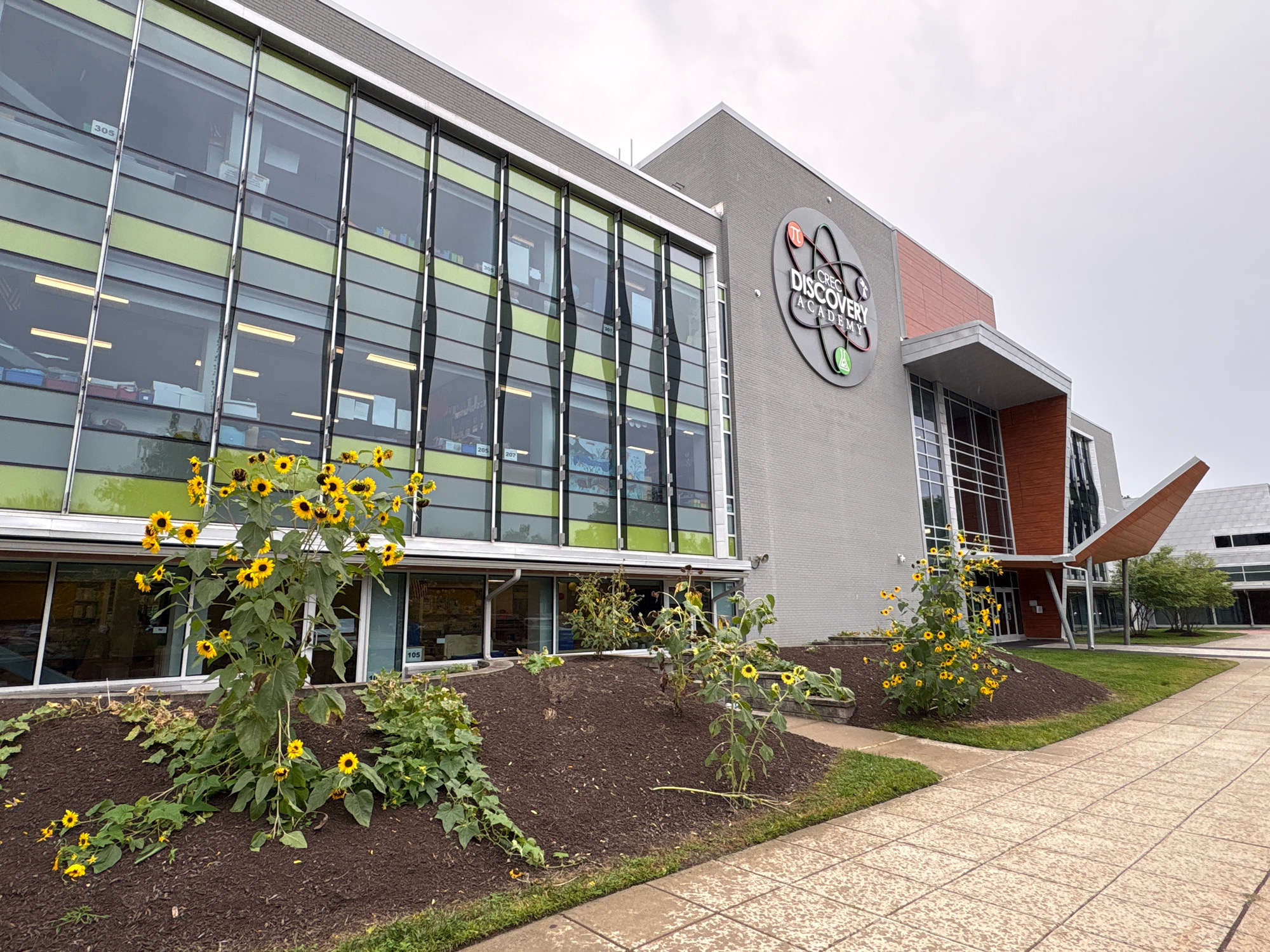 The image shows the exterior of CREC Discovery Academy in Wethersfield, Connecticut. The building has a modern architectural design with large windows, some of which are accented with green panels. A circular logo with the text "CREC DISCOVERY ACADEMY" and scientific symbols is visible on the grey brick facade. In the foreground, a bed of dark mulch is planted with sunflowers and other greenery. A tiled walkway runs along the right side of the image, leading away from the building. The sky is overcast. There are no people visible in the image.