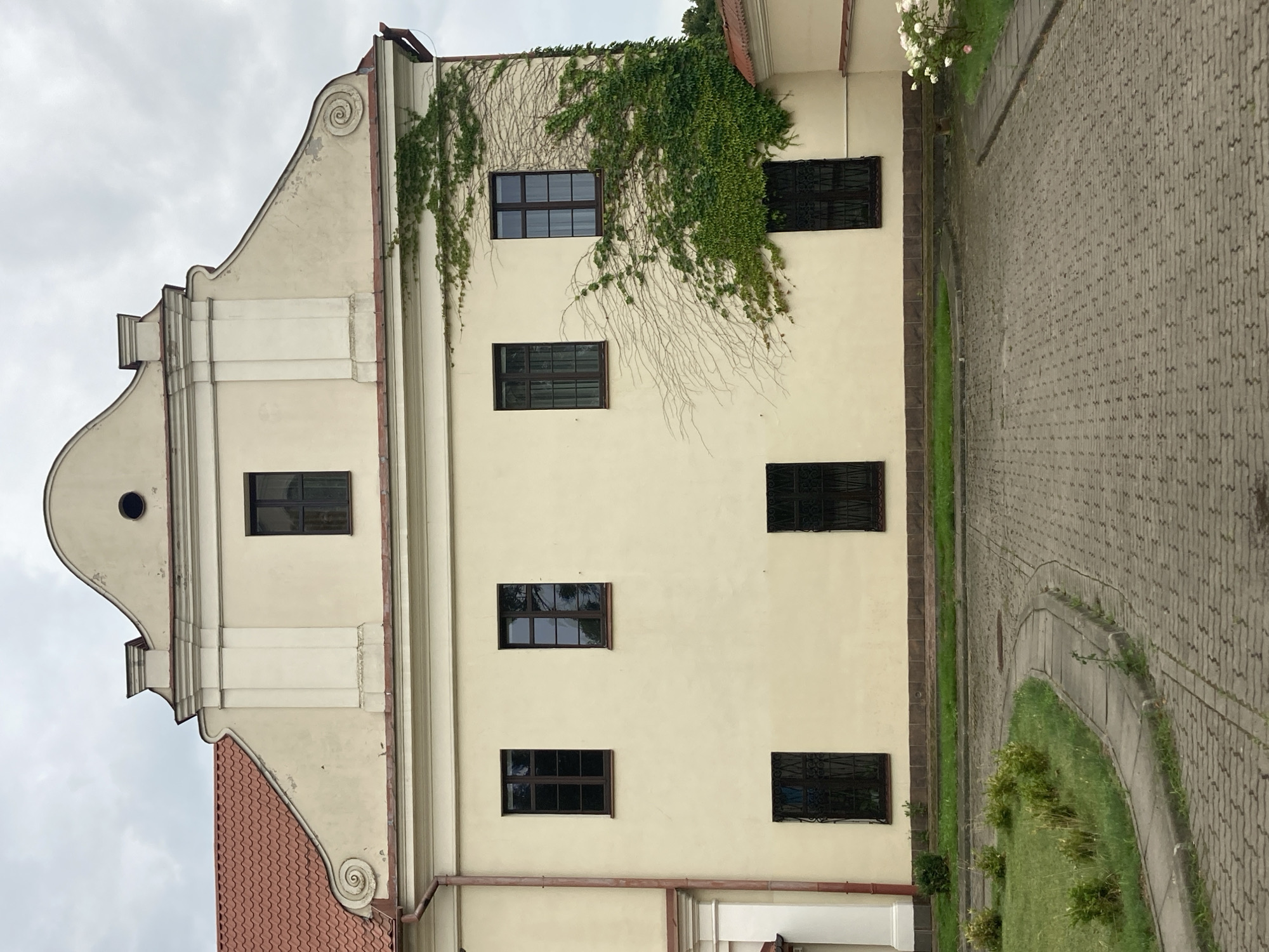 The image shows a section of a pale yellow building with a red tiled roof, located in Pinsk, Belarus. The building has a decorative facade with a curved pediment at the top, featuring a small circular window. Several dark-framed windows are visible on the building's facade, some with decorative iron grilles. A section of the wall is covered in green ivy. In front of the building, a paved courtyard with interlocking grey pavers is present, with a curving pathway and patches of grass. To the right of the courtyard, a small bush with white roses is visible. The sky is overcast.