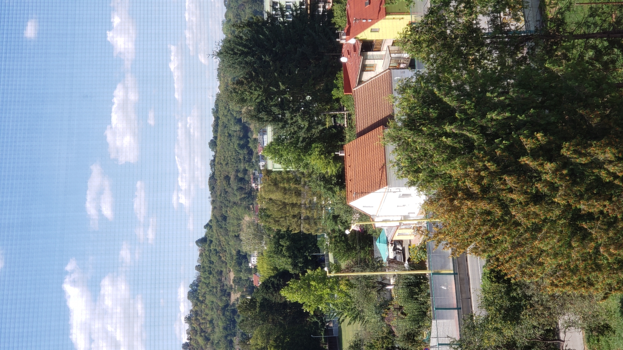 The image captures a suburban landscape in Prešov, Slovakia, on a bright, partly cloudy day. The foreground features lush green trees, with one tree on the left exhibiting a slightly autumnal, yellowish-brown hue. A road runs horizontally across the mid-ground, bordered by a fence and a walkway. Several residential buildings with red-tiled roofs are visible, with one white house prominently featured. Behind these houses, a dense forest covers rolling hills. In the distance, a modern, multi-story building with light-colored walls and green accents stands out. The sky is a clear blue, dotted with fluffy white clouds. The scene suggests a residential area with abundant greenery, typical of the outskirts of a city like Prešov.