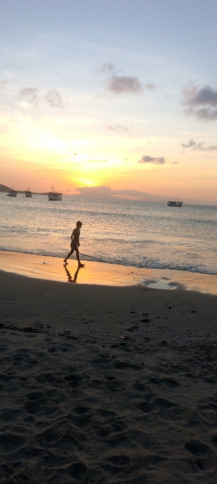 A silhouetted figure walks along a beach at sunset, their reflection mirroring them in the wet sand. Calm ocean waters stretch out to the horizon, dotted with several boats. The sky is a blend of pale blues, yellows, and oranges. The foreground is dominated by dark sand, textured with footprints and subtle ridges.