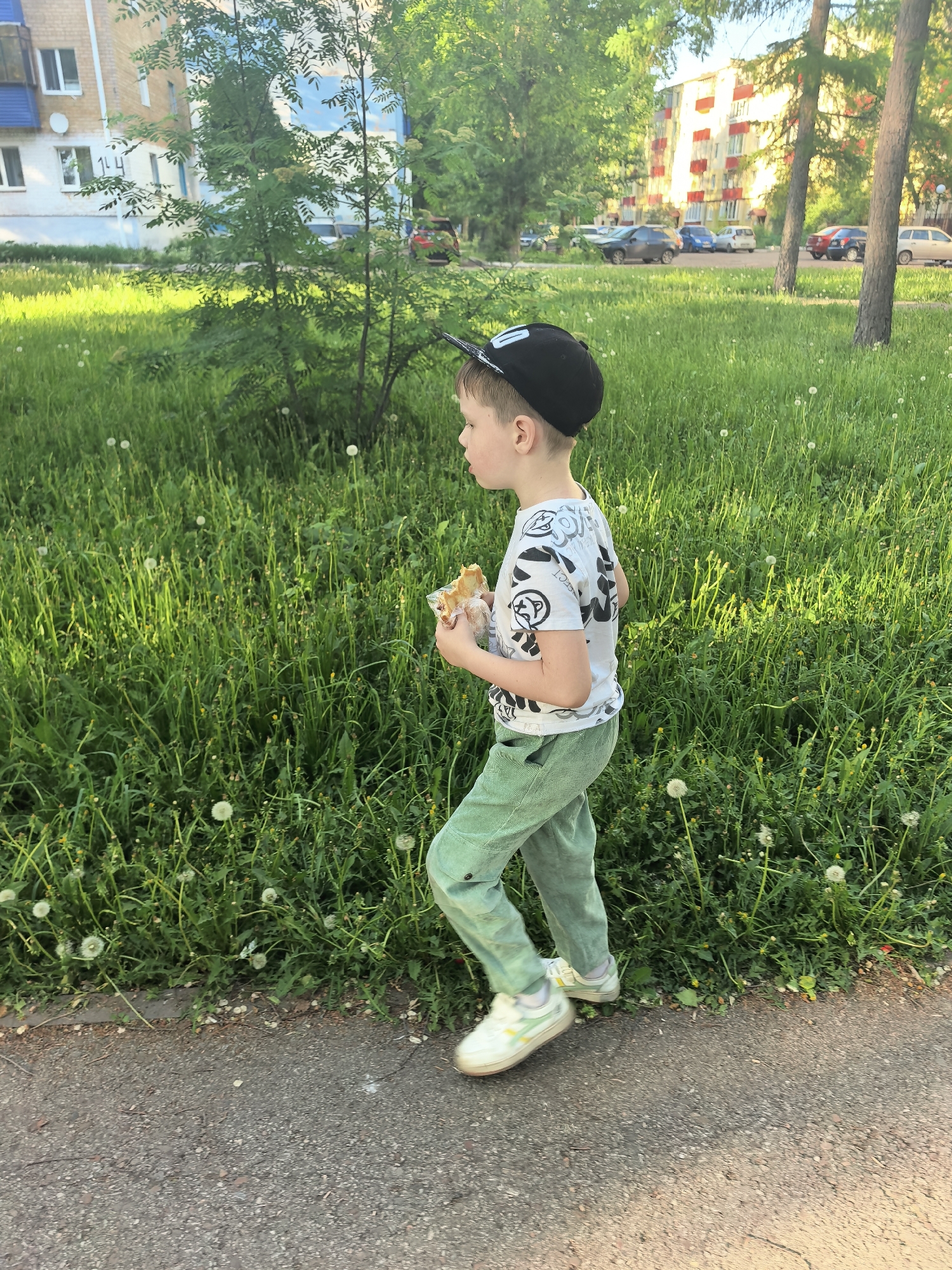 A boy walks on a path in Sterlitamak, Russia. He wears a black baseball cap, a white graphic tee shirt, green pants, and sneakers. He holds a packaged food item in his hands. The path borders a grassy area with dandelions. In the background are apartment buildings and parked cars. The scene is lit with sunlight.