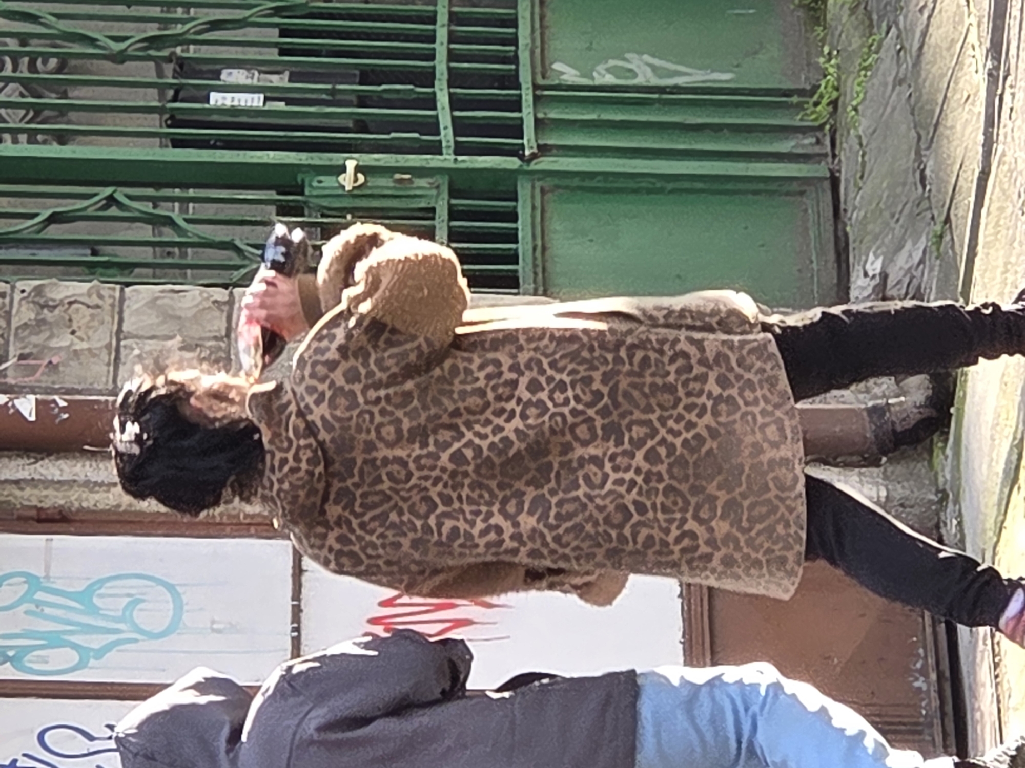 A person wearing a brown leopard print coat and black pants is standing outside in what appears to be an urban setting. The person is holding something in their hands, possibly a tool or object. Behind them is a green metal gate and a building with graffiti on the walls. To the right of the person is a stone wall with greenery. Another person wearing a blue/black puffer coat is closer to the photographer. The image location is Varna, Bulgaria, but it is impossible to confirm if this is the exact location without additional information.