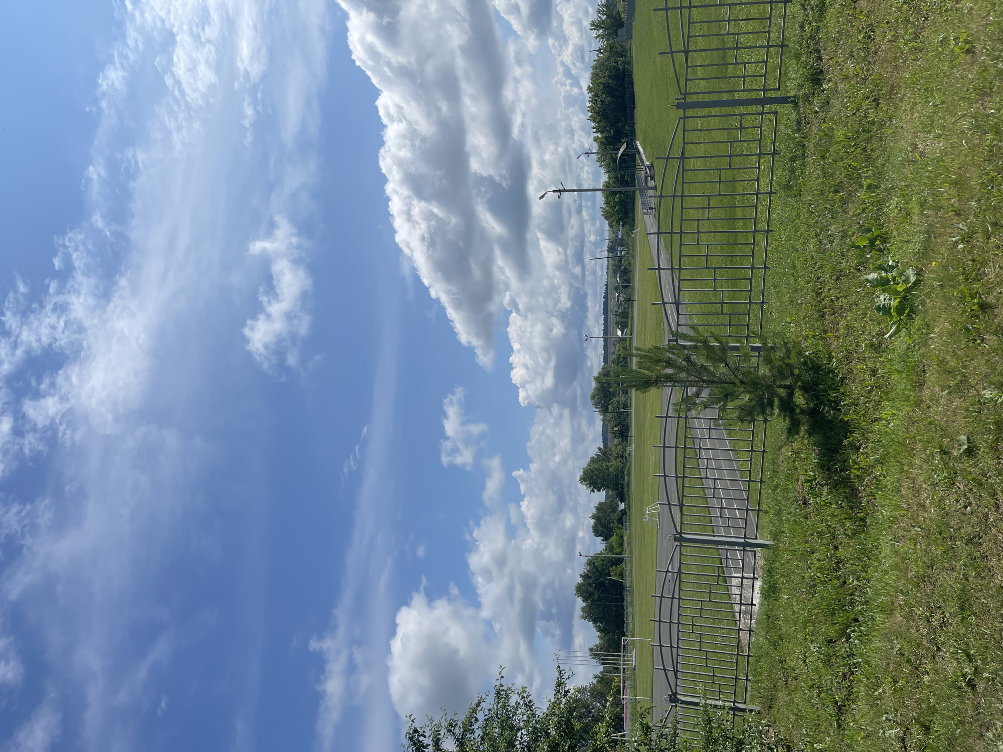 A medium shot captures a sports field on a bright, overcast day. The field is enclosed by a gray metal fence, and a small pine tree is in the foreground. The sky is a vibrant blue, dotted with fluffy white clouds. In the distance, a line of trees forms a backdrop to the field, with a few buildings and power lines visible. The scene suggests a rural or suburban location, with the sports field likely used for athletic activities.