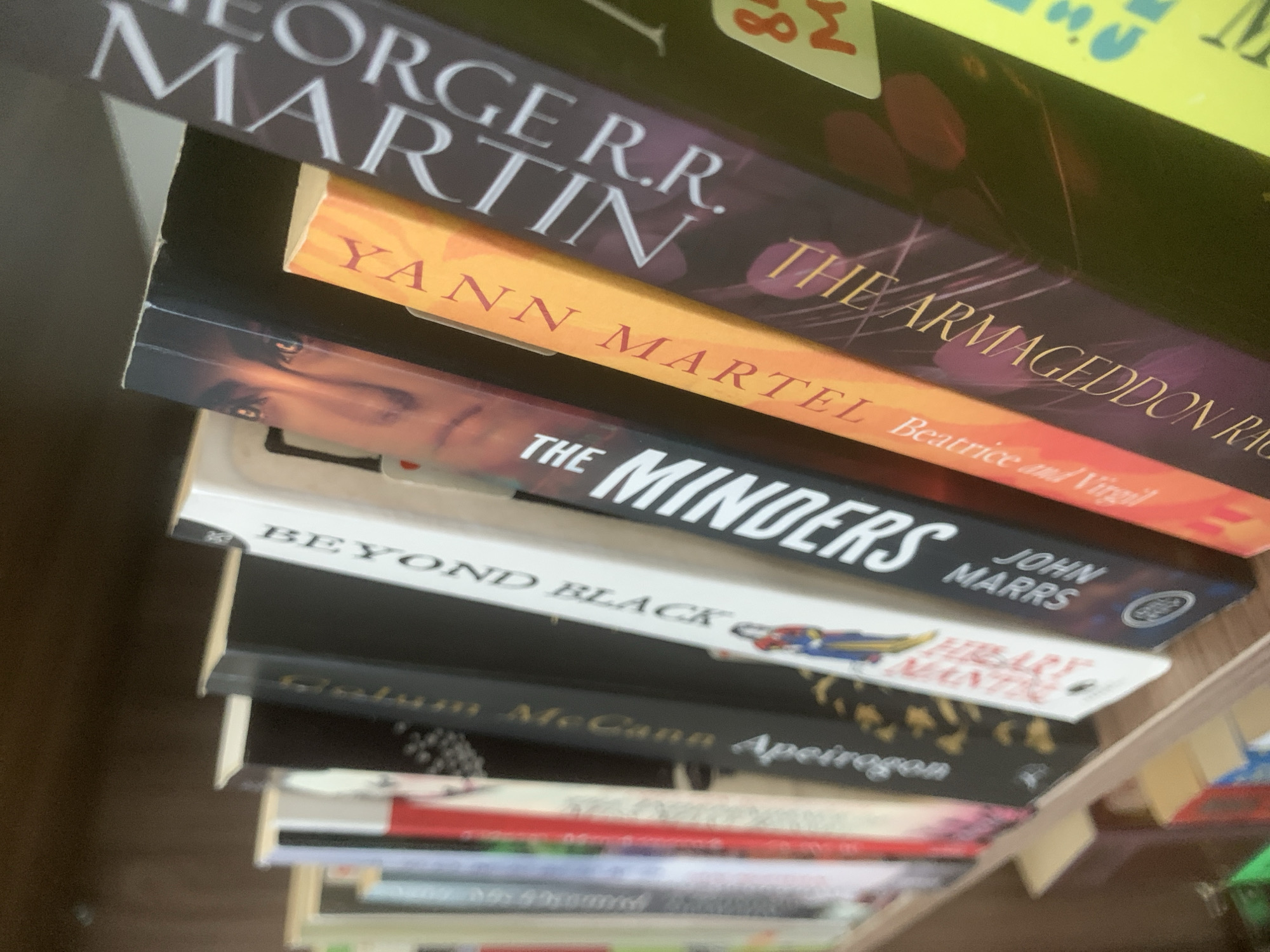 The image shows a stack of books. The visible titles and authors are "The Armageddon Rag" by George R.R. Martin, "Beatrice and Virgil" by Yann Martel, "The Minders" by John Marrs, "Beyond Black", and "Apeirogon" by Colum McCann. The context suggests the books are stacked on a shelf, likely in a home or library. No details relate to Izhevsk, Russia.
