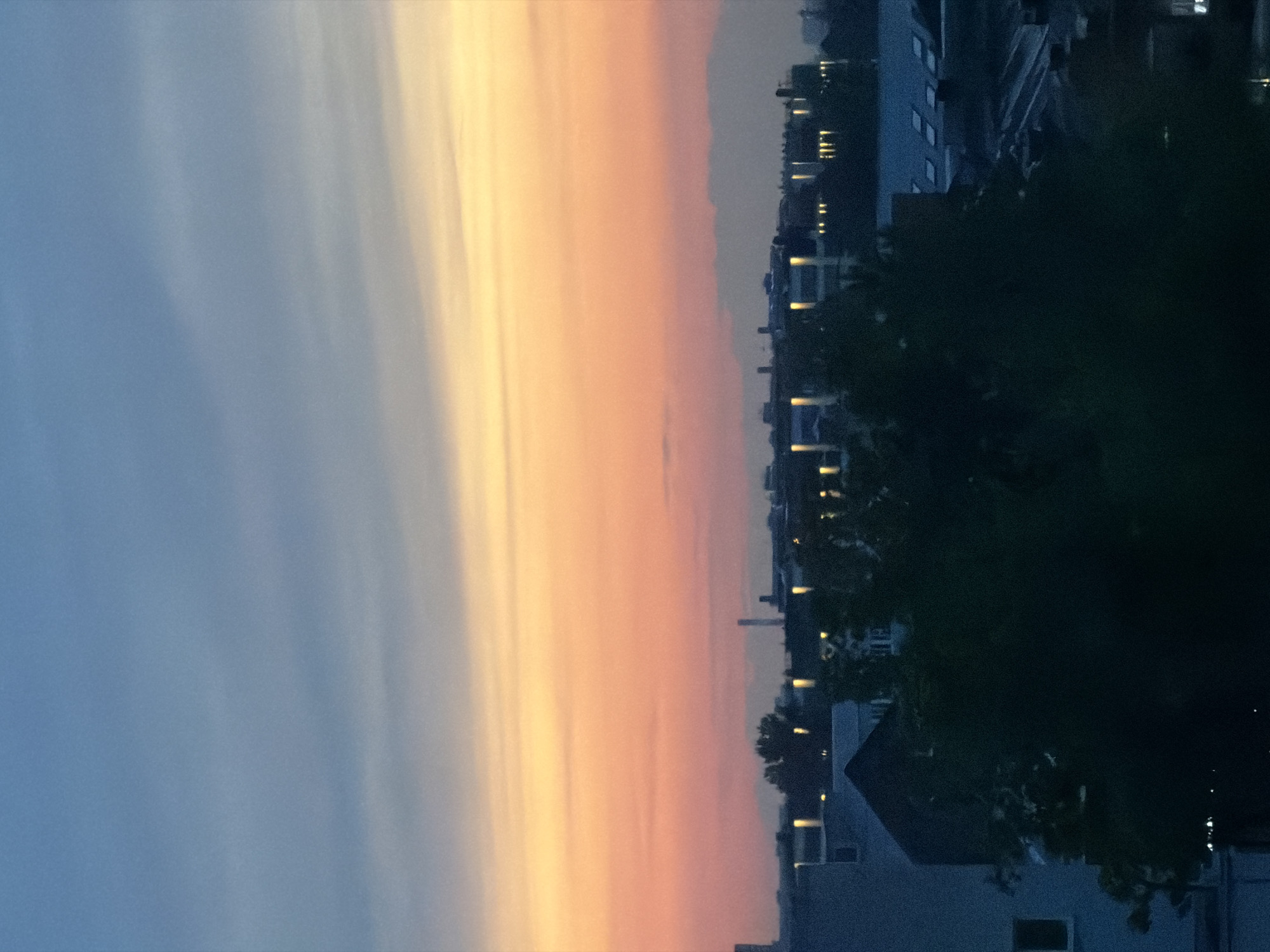 The image presents an elevated, panoramic view of an urban or suburban landscape in Saint Petersburg, Russia, captured during dusk or sunset.
The sky occupies the upper two-thirds of the frame, displaying a distinct color gradient. The zenith is a muted blue-grey, transitioning downwards through a band of pale yellow before culminating in a prominent horizontal stripe of vibrant orange and pink along the horizon. Sparse, elongated cloud formations are visible, particularly as subtle streaks within the blue-grey and yellow portions of the sky.
The mid-ground reveals a dark silhouette of a cityscape against the bright horizon. Numerous buildings are discernible as dark masses, with multiple small, vertically oriented rectangular light sources, likely windows or streetlights, emitting a bright yellow glow from within them. A slender, dark, chimney-like structure stands prominently on the right side of the horizon line. Faint, dark, and undulating outlines, potentially representing distant hills or a lower layer of buildings, are visible between the illuminated buildings and the colorful sky.
The foreground is dominated by a dense, dark mass of trees, obscuring the lower portions of the buildings. On the far left, a segment of a light-colored building with a single, dark, rectangular window is partially visible. Towards the right foreground, several dark rooftops with distinct, lighter rectangular skylights are present. No human figures are visible within the frame.