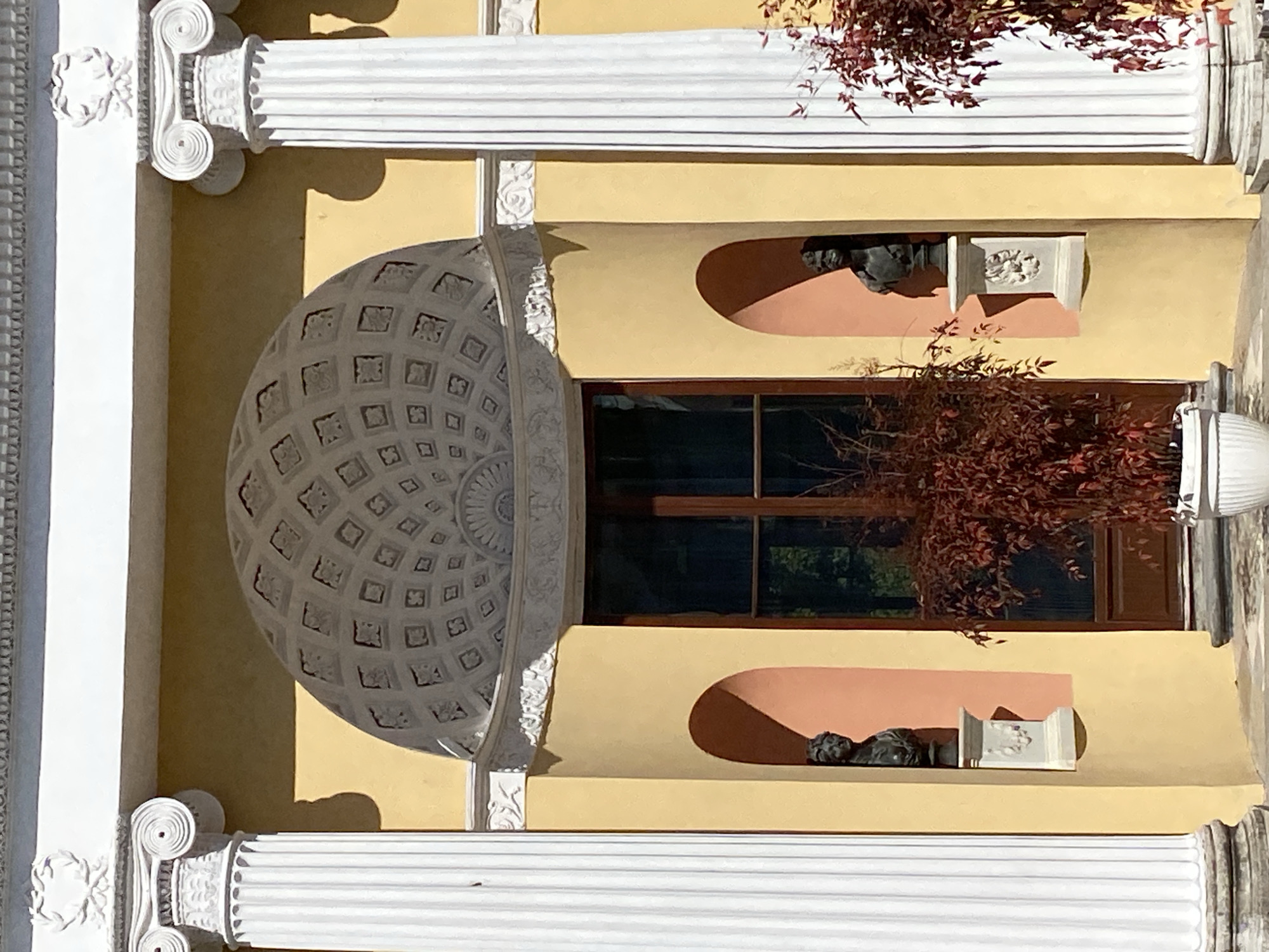 The image shows a neoclassical facade of a building, likely part of the Catherine Palace complex in Pushkin, Russia. The facade is painted a warm yellow and features two fluted white Corinthian columns on either side of a central entrance. Above the entrance, an arched recess is adorned with a decorative coffered ceiling. Flanking the arched recess are two niches, each containing a dark bust on a pedestal. A dark-framed window is visible in the central part of the facade, with a potted plant with red foliage placed in front of it. The ground appears to be paved. The lighting suggests it is daytime, with shadows cast by the architectural elements.