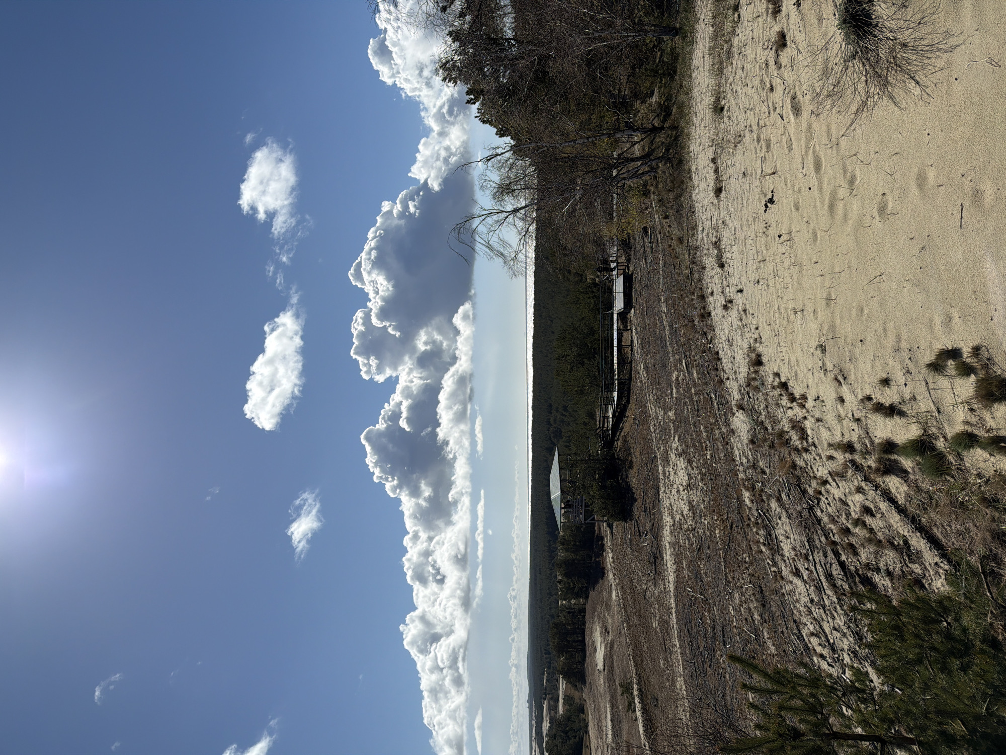 The image depicts a landscape in Morskoe, Russia, possibly a coastal area with sand dunes and vegetation. The right side of the image shows a sandy area with scattered plants and shrubs, possibly a sand dune. The terrain appears dry and textured. A wooden structure, possibly a boardwalk or platform, is visible. The left side of the image features a blue sky with white, puffy cumulus clouds. The sun is visible in the upper left corner, creating a bright spot in the sky. In the distance, a strip of land or water is discernible between the sky and the dune.