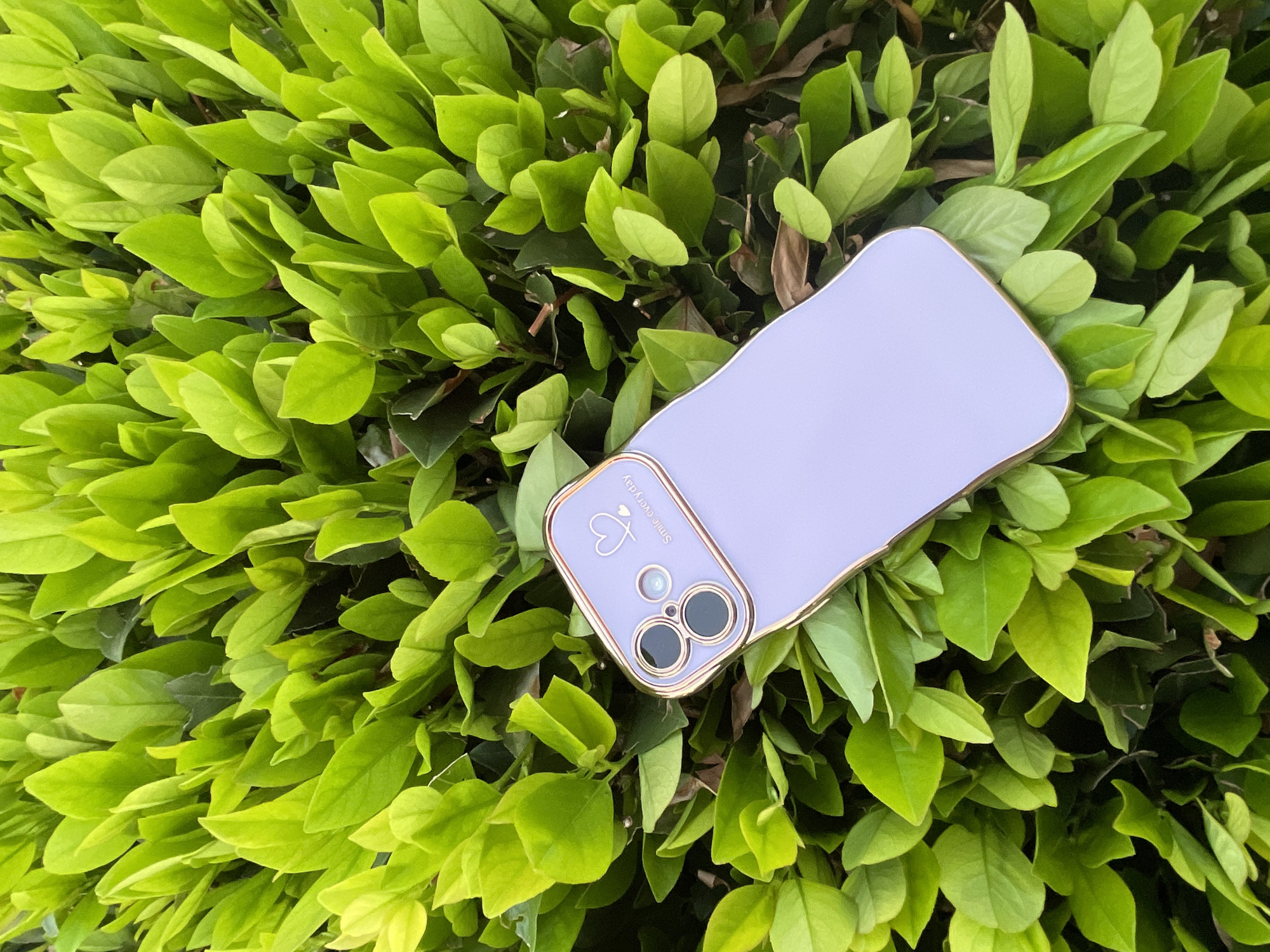 A light purple phone case with a gold trim and a heart graphic is resting on a bed of lush green foliage. The phone case is angled slightly, with the camera lenses and the text "Smile every day" visible. The background consists of dense green leaves, suggesting an outdoor natural setting. The image appears to be taken from a top-down perspective. There is no indication of the city of Neukirchen, Germany.