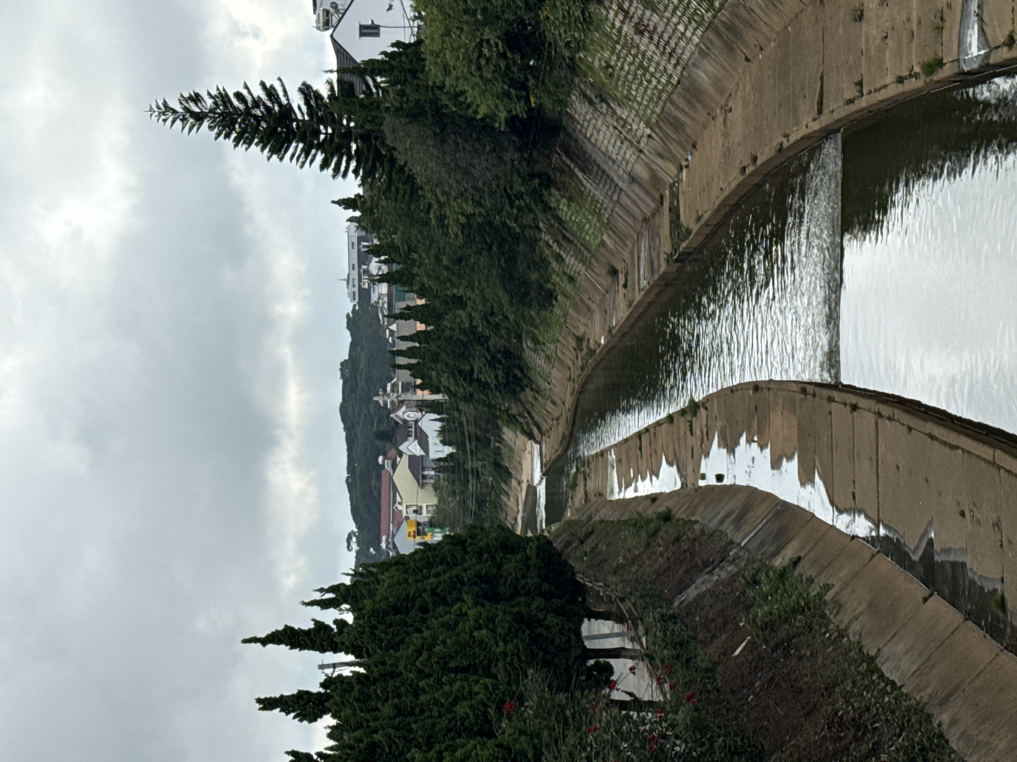 This image depicts a concrete canal or river flowing through a hilly, residential area under an overcast sky. The canal, visible in the foreground and midground, has sturdy concrete banks and is filled with dark, reflective water. A small weir or waterfall interrupts the flow in the middle right of the frame, causing the water to cascade and create ripples.
On the left side of the canal, a thick line of trees, including tall, slender conifers and other dense green foliage, grows along the bank and up the hillside. Beyond these trees, a collection of houses with various architectural designs and colors, including white buildings and some with red roofs, are scattered across the rising terrain. More distant buildings and tree-covered hills are visible further back, extending towards the horizon.
The right bank of the canal also features concrete structures and some low-lying vegetation. The sky is largely covered by clouds, suggesting an overcast day with muted lighting. No people or visible text are present in the image. The overall scene portrays a tranquil, functional waterway integrated into a settled landscape, consistent with the hilly topography and semi-urban environment of Da Lat, Vietnam.