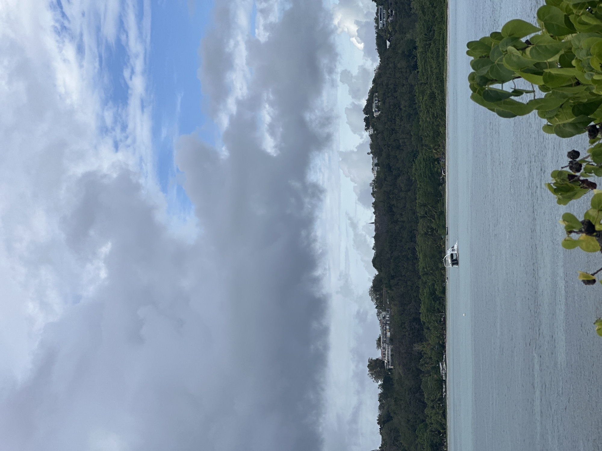 The image is a landscape view of a coastal scene. In the foreground, there is a body of water, possibly a bay or inlet, with a small boat anchored. The water surface is relatively calm, reflecting the overcast sky above. Lush green vegetation covers a hilly terrain on the right side of the frame, with some building visible among the trees. The sky is filled with a mix of dark, heavy clouds and patches of blue sky, indicating potential inclement weather or a storm passing through. The city is Le Gosier, France.