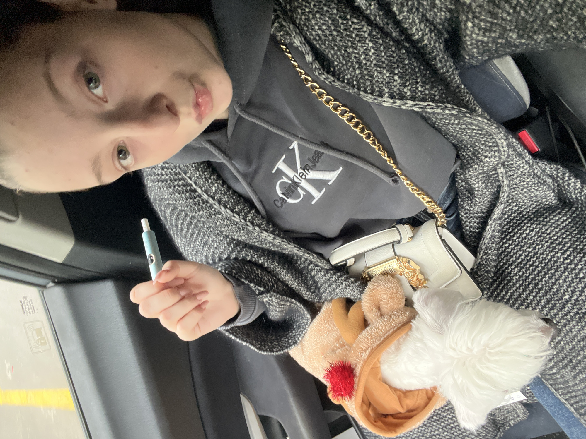 This portrait-oriented image captures a young person and a small white dog inside a car. The person, positioned in the upper left, has light skin, light-colored eyes, and light hair, looking directly at the camera with a neutral expression and slightly parted lips. She is dressed in a dark grey hooded sweatshirt featuring a "Calvin Klein Jeans" logo on the front, layered with a grey and white textured cardigan. In her right hand, she holds a light blue and white cylindrical device, possibly a vape pen.
Resting beside her is a small, fluffy white dog, adorned with a light brown reindeer-themed hat that includes a red pom-pom nose. A white shoulder bag with a gold chain strap and a distinct gold "VERSACE JEANS COUTURE" emblem is visible near the dog. The background reveals the interior of a car, including a dark grey car seat and a window. Through the window, a yellow line on the ground suggests the vehicle is in a parking area or on a street. The scene appears to be set during the daytime, offering a casual glimpse of a person and their pet, likely in Varna, Bulgaria.