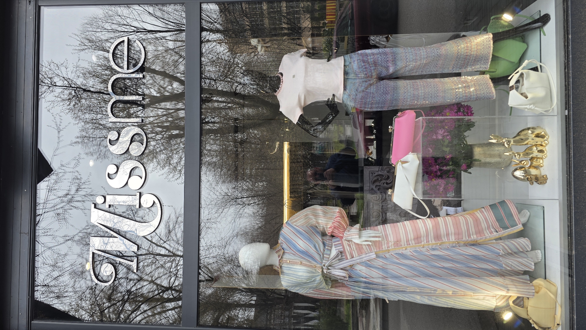 A street-level view of a store window featuring a vertical sign reading "visseme" in mirrored, silver-toned letters. The sign reflects the bare branches of trees outside. The window displays two mannequins: one dressed in a striped robe-like garment, and another wearing a light-colored top and sparkling pants. Accessories such as handbags in pink and white are showcased, alongside a green bag, floral arrangements in a gold-toned vase, and stacked gold decorative animals. The reflections on the glass include the photographer, bare trees, and a fragment of a parked car. The location is suggested to be in Blagoevgrad, Bulgaria, based on available data.