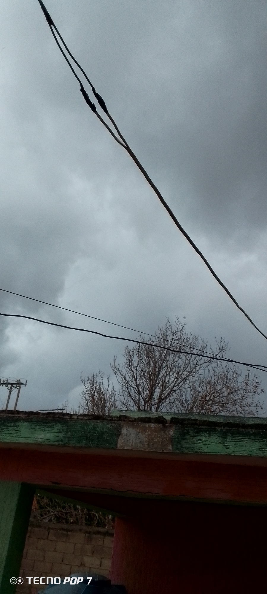 This media file depicts an outdoor scene under an overcast sky. The foreground is dominated by a low wall or ledge, painted green and brown, with a brick structure visible beneath it. Above the ledge, silhouetted against the dark clouds, are the bare branches of several trees, suggesting it might be winter or a deciduous forest. Electrical wires stretch across the frame, with a noticeable junction or repair on the uppermost wire. A utility pole is visible to the left. The overall mood is somber, likely due to the heavy cloud cover. The time of day appears to be late afternoon or early morning, given the diffused light. The presence of electrical wires and a utility pole suggests an inhabited or developed area.
Visible text: "TECNO POP 7" is present in the lower left corner of the image, indicating it is a captured image from a Tecno Pop 7 mobile device.
Location context: Altagracia, Venezuela.