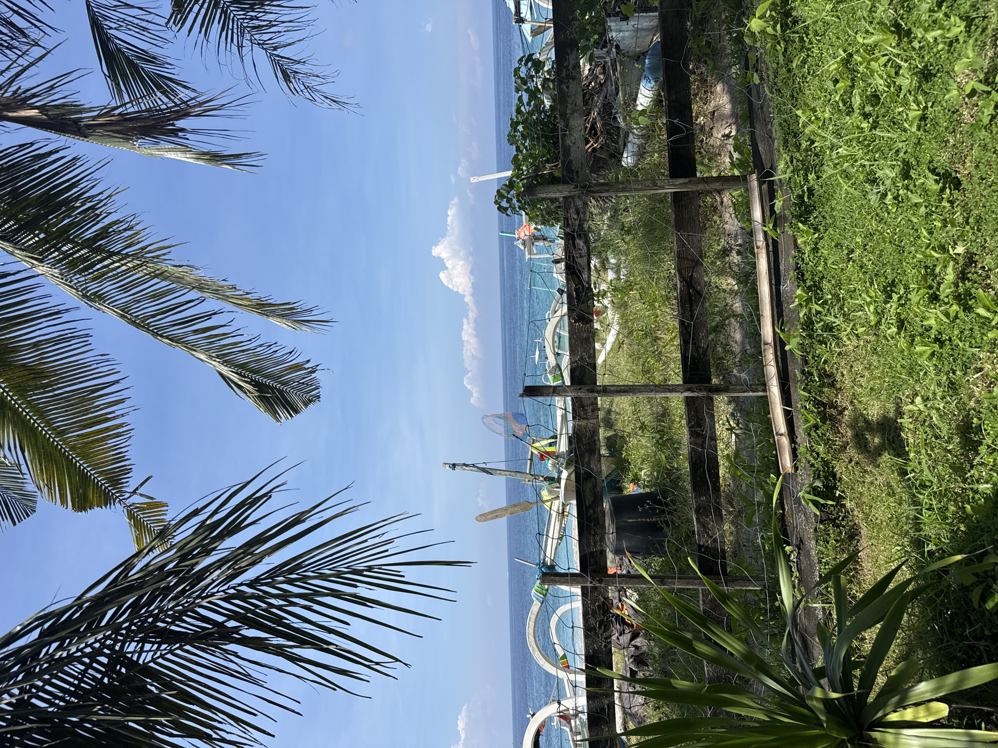 The photograph shows a coastal scene in Karangasem, Indonesia. In the foreground, the right side is dominated by green vegetation growing against a rustic wooden and wire fence. Beyond the fence are boats on a beach, with their outriggers visible against the backdrop of the sea. Above the sea, the sky is blue with a few white clouds. Palm tree fronds frame the left side of the image.