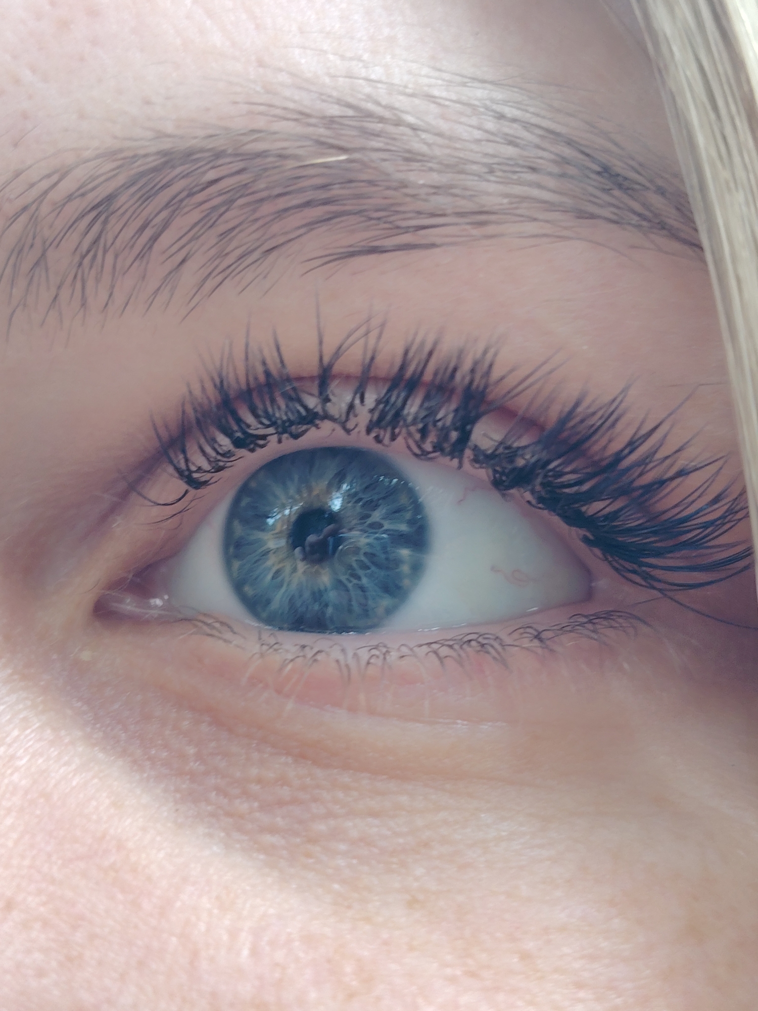 This is a close-up, high-resolution shot of a human eye, likely a woman's, taken in Chaikovsky, Russia. The dominant feature is the vibrant blue iris, which exhibits intricate patterns and lighter brown/amber flecks around the dark, central pupil. A small, dark reflection, possibly of a smartphone or camera, is visible within the pupil.
The eye is framed by long, dark, and well-defined eyelashes on both the upper and lower lids, appearing either naturally full or enhanced. Above the eye, a portion of a neatly shaped eyebrow with individual dark hairs is visible against the fair skin of the forehead. A strand of light blonde hair is also partially visible along the right edge of the image. The skin surrounding the eye shows natural texture. No specific activity is depicted beyond the open gaze, and no strong emotions are discernible. There is no visible text in the image.