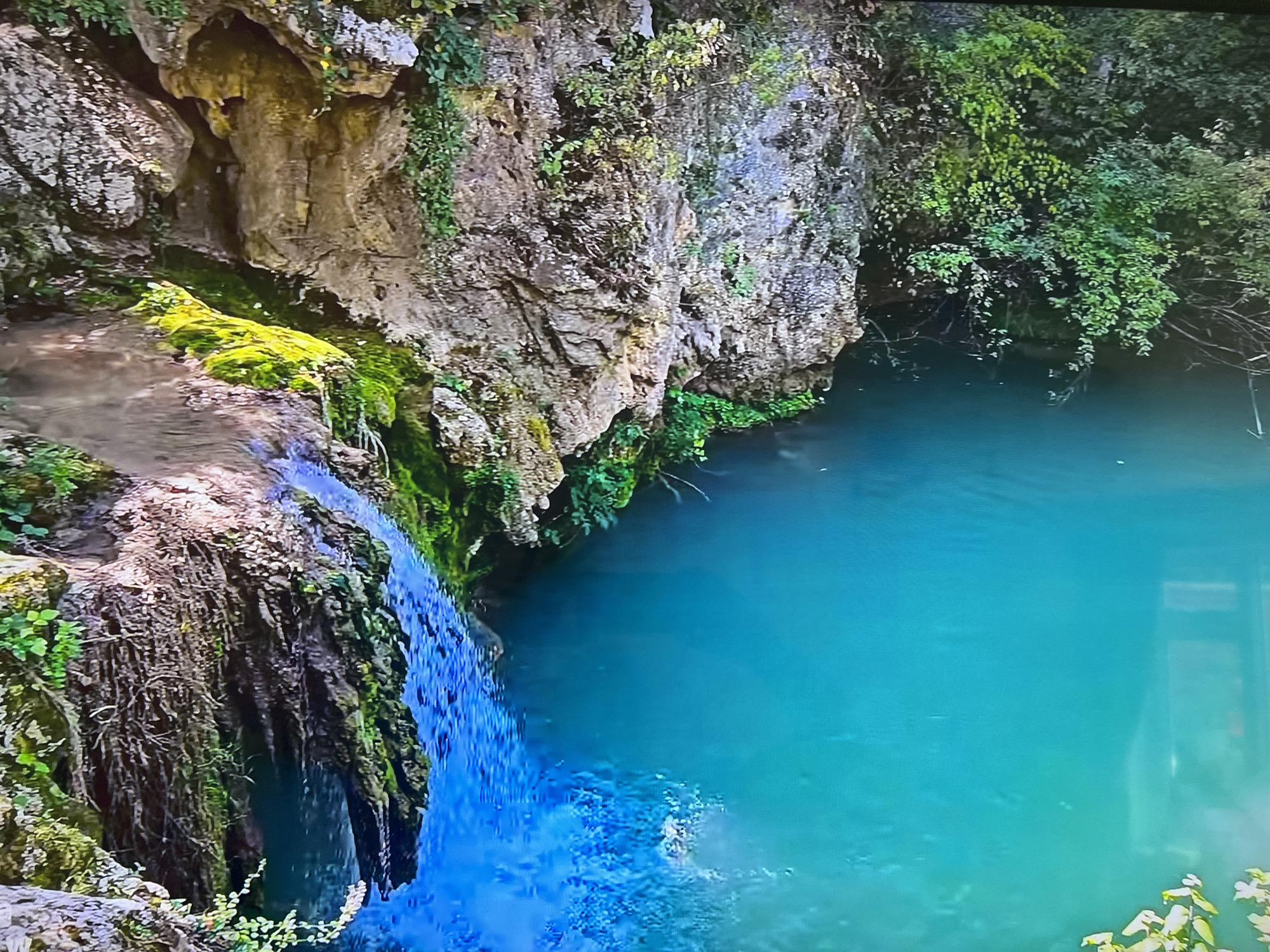 The image shows a waterfall cascading into a vibrant turquoise pool of water. The waterfall originates from a rocky cliff face covered with moss, foliage, and vegetation. The cliff is composed of grey rock with crevices and plants growing out of it. The pool is surrounded by greenery, including trees and bushes, contributing to a natural, serene setting. The location is unspecified and not within Basingstoke and Deane, United Kingdom.