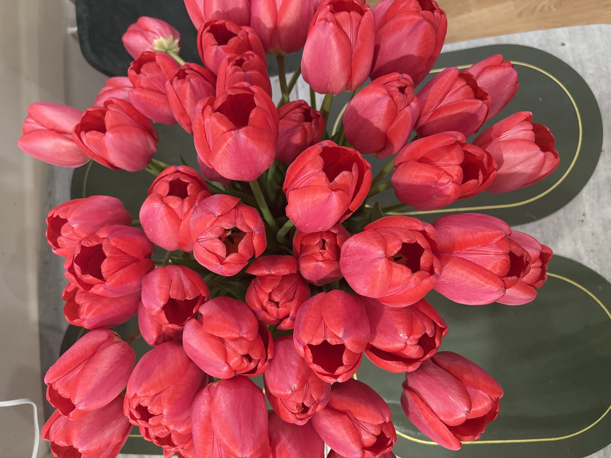 A high-angle shot displays a dense bunch of red tulips arranged in a vase. The tulips are in full bloom, densely packed together, dominating the frame. A dark green oval with a gold-colored rim, possibly a tray or table surface, is visible beneath the flowers. The stems of the tulips are not prominently visible, suggesting they are closely grouped within the vase. The color of the surface beneath the tulips is a pale gray/beige. The image is well-lit, with a light source that highlights the texture and curves of the tulip petals. The scene provides no information about the city of Chaikovsky, Russia.