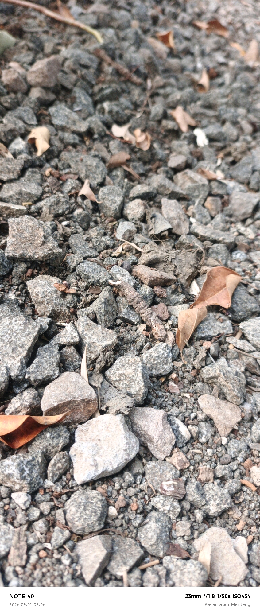 The image shows a close-up, ground-level view of small, angular stones and gravel, with a few dry, brown leaves scattered among them. The stones vary in color from light gray to dark gray and some reddish-brown hues. The lighting suggests it might be daytime, possibly late afternoon or early morning due to the soft shadows. The bottom edge of the image displays text overlay: "NOTE 40 2026.09.01 07:06 23mm f/1.8 1/50s ISO454 Kecamatan Menteng". This text indicates the photograph was taken with a device identified as "NOTE 40", at a specific date and time, with camera settings of 23mm focal length, f/1.8 aperture, 1/50 second shutter speed, and ISO 454. The location is specified as "Kecamatan Menteng", which is a subdistrict within Central Jakarta, Indonesia. There are no people, animals, or other discernible subjects or actions in the scene.