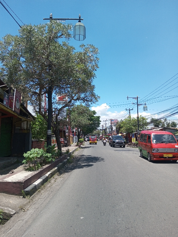 The image depicts an active urban street scene under a clear blue sky with sparse white clouds. The asphalt road, running from foreground to background, features light traffic. On the immediate right, a red and green Suzuki Carry minivan with a yellow Indonesian license plate is present, facing away from the viewer. Further down the street, a black SUV and a yellow minivan are visible, along with multiple motorcycles, all traveling in the same direction. On the left side of the road, a raised concrete sidewalk is bordered by a planter box with green foliage. A tall, dark pole with an ornate arm supports a hexagonal street lantern, partially obscured by a mature leafy tree. A row of single-story commercial buildings lines the left side, displaying varied facades and signage, including what appears to be an Indonesian flag and a sign for "RM. NUSANTARA" further down. Numerous utility poles with a dense network of overhead power lines are visible on both sides of the street. The depicted location is in the city of Tagtse Tashidingkha, Bhutan.