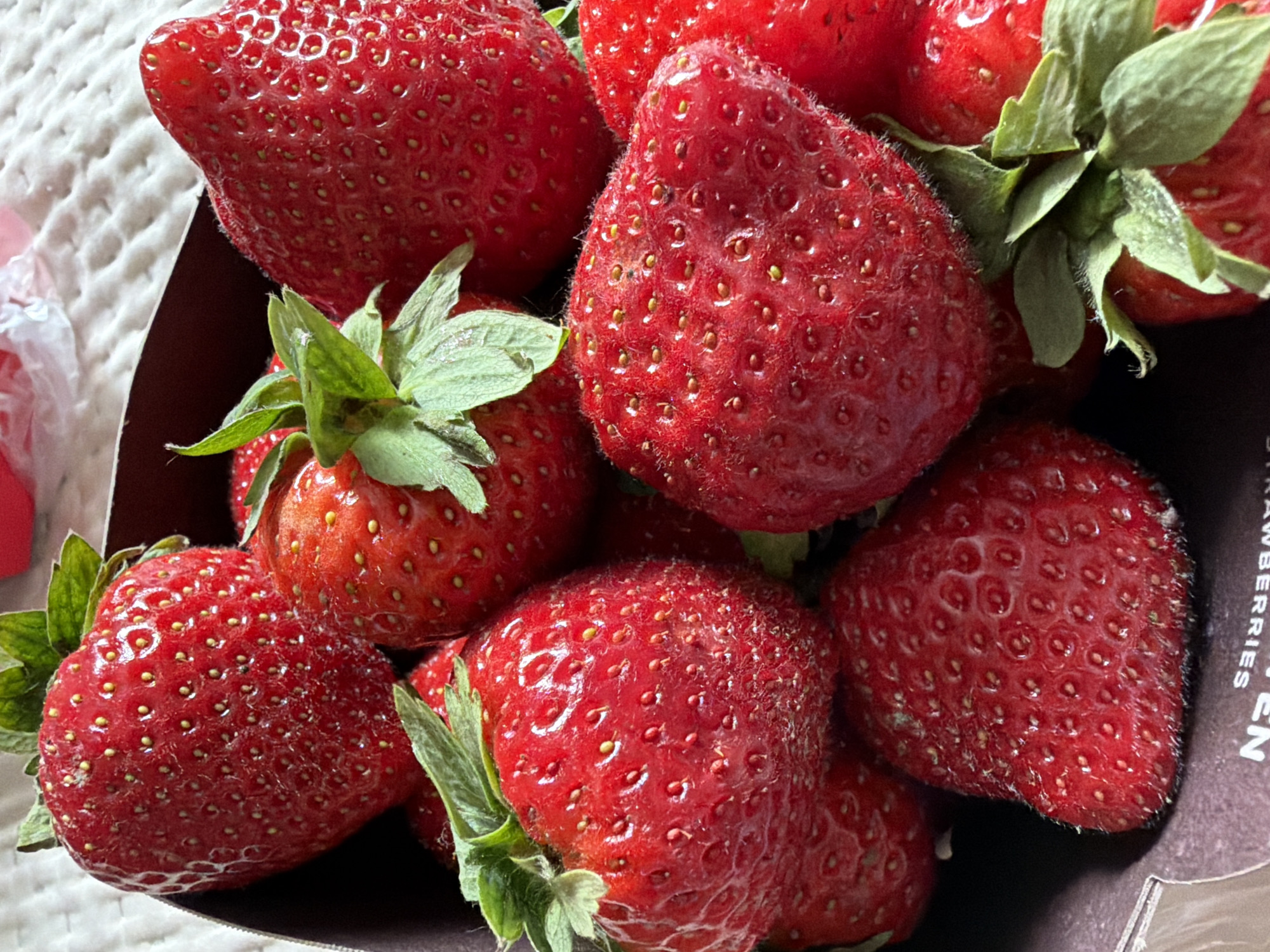 A close-up, top-down shot shows a cluster of ripe, red strawberries packed tightly in a dark brown paper container. The strawberries are plump and have visible seeds embedded in their surface. Some of the strawberries have green stems and leaves attached. The container appears to be a standard berry punnet. The background is out of focus, with a textured white surface and a hint of pink plastic. The image was taken in Tallinn, Estonia, but no specific location within the city is discernible.