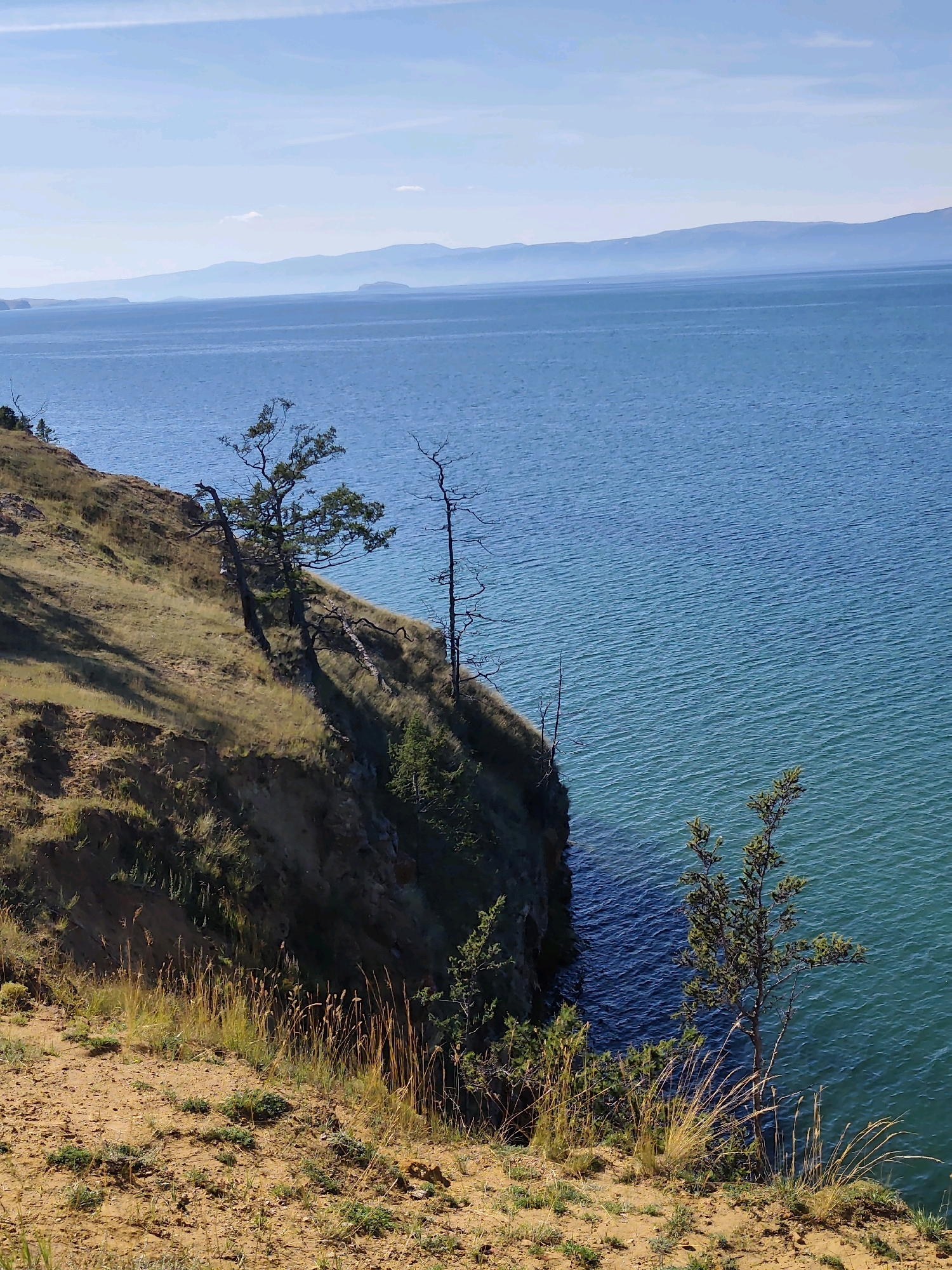 The image depicts a coastal cliff in Kharantsy, Russia, overlooking a vast body of blue water. The cliff face is covered in dry, golden grass and sparse, windswept trees. The water is calm with gentle ripples, and in the distance, hazy mountains form the horizon under a pale blue sky. The scene is illuminated by natural sunlight, casting shadows on the grassy slope. There are no people or animals visible in the image. The overall impression is one of a natural, rugged landscape.