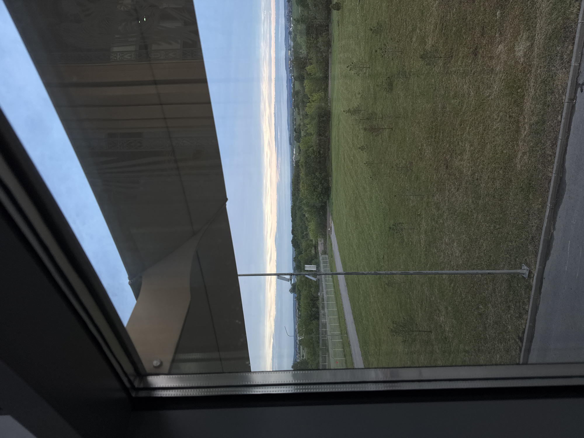 The image depicts a view through a window in Bolshoye Savino, Russia. Outside, there is a large grassy field with scattered trees. A path and a fence run alongside the field. In the distance, there is a horizon line with a cityscape or a line of trees separating the sky. The window has a dark frame and a reflection of the building's interior.
