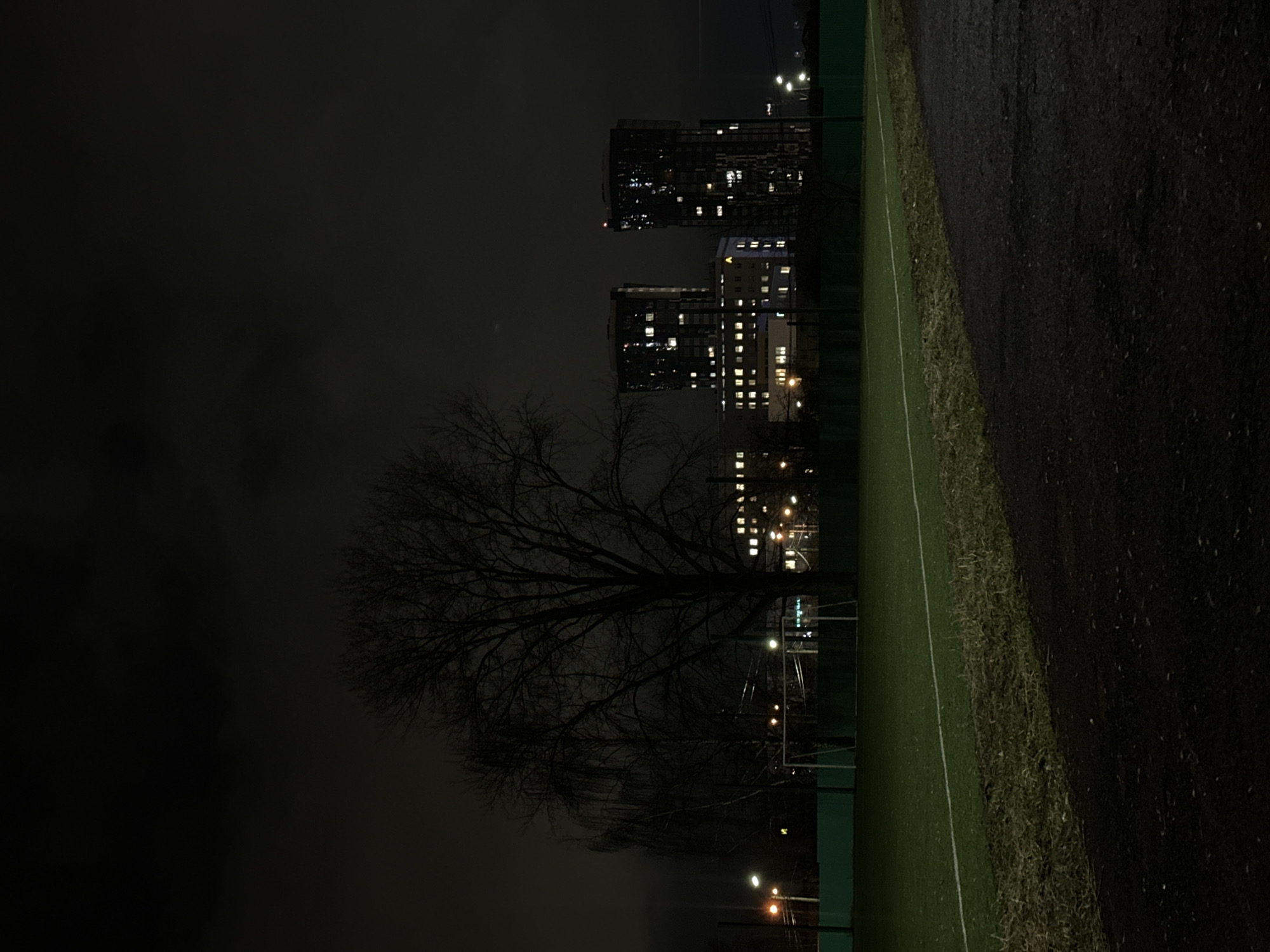 The image depicts an outdoor scene at night, likely in Kazan, Russia. Several tall buildings with illuminated windows are visible in the background, suggesting an urban environment. A large, leafless tree stands prominently in the foreground, obscuring some of the buildings. A green, possibly artificial, field or lawn borders the right side of the image, alongside a darker, possibly paved, area. Several streetlights illuminate the scene. A goalpost is visible on the right side, suggesting a sports field. The overall impression is one of a quiet, urban landscape at night.