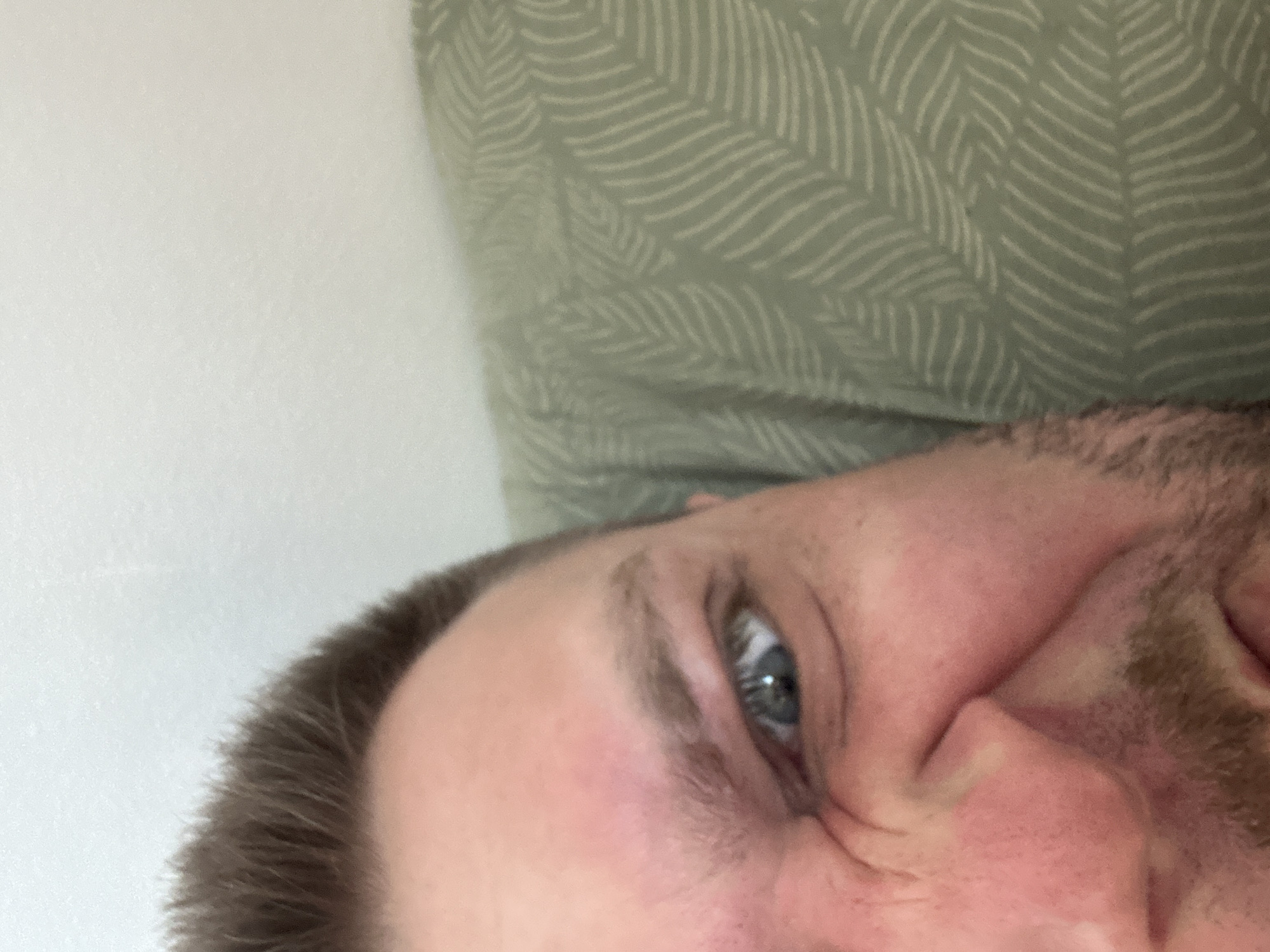 The image is a close-up, low-angle shot of a person's face, specifically the left eye, nose, and part of the forehead and cheek. The person appears to be making a strained or scowling expression, with their eyebrows furrowed and the corner of their mouth pulled down. Their eye is open, and the iris is a light blue or gray color. The skin on their face is pale with some redness, possibly due to exertion or irritation. There is some stubble visible on their chin and jawline, suggesting a short beard.
The background consists of a light-colored wall on the left, transitioning to a green fabric with a faint leaf-like pattern on the right. The fabric appears to be a sofa or cushion. The lighting is diffused and seems to be coming from above and slightly to the left.
This image does not contain enough information to determine its location within Zvezdara Urban Municipality, Serbia.