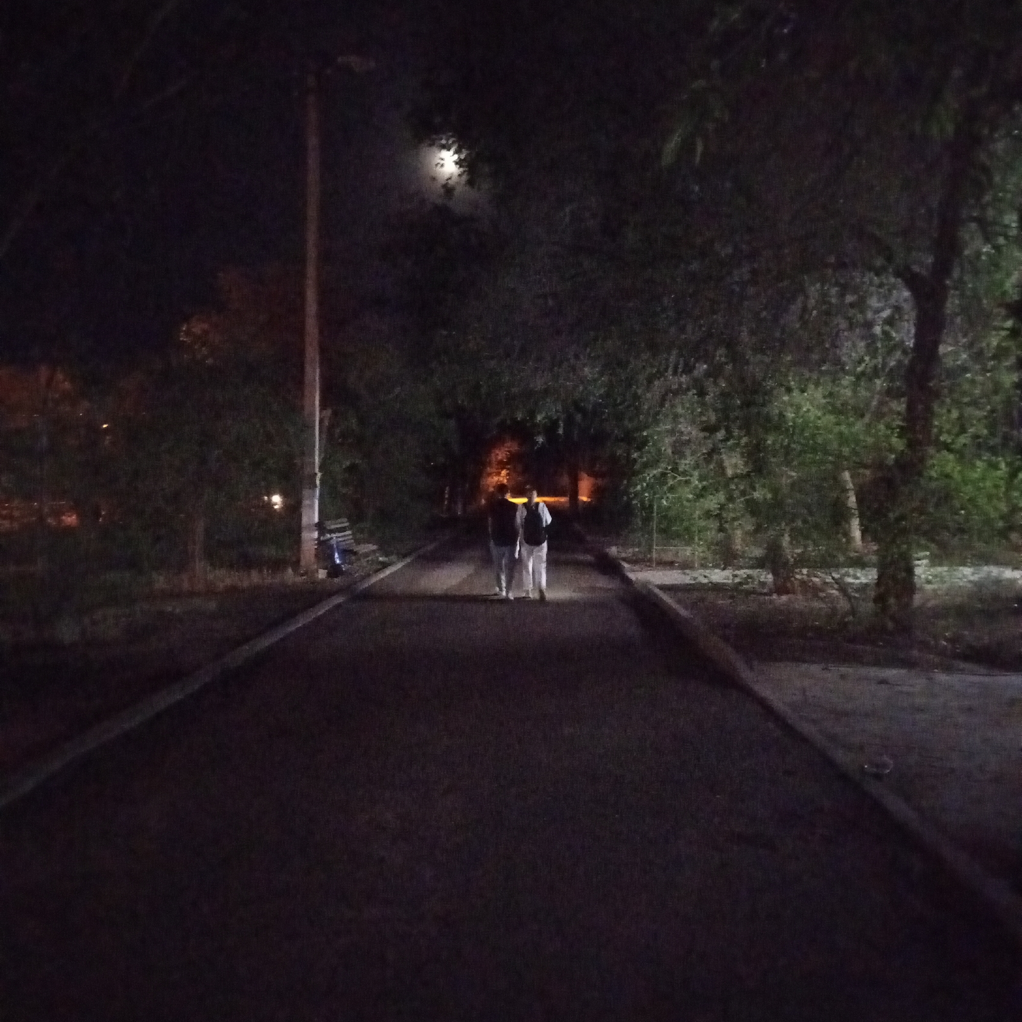 The image depicts a dimly lit park scene at night. Two individuals, appearing to be male based on their attire, are walking away from the camera down a paved path. The individual on the left is wearing a dark jacket and lighter pants, while the individual on the right is wearing a light-colored top and dark pants. Trees line both sides of the path, and some distant lights are visible, possibly from buildings or streetlamps. A park bench is visible on the left side of the path, and a lamppost stands to the left of the bench. The sky above is dark, with a faint, hazy illumination suggesting the moon is present. The overall atmosphere is quiet and serene, characteristic of a park at night in Astrakhan, Russia.