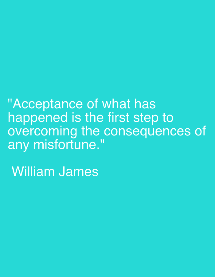 The image is a quote against a plain teal background. The quote reads: "Acceptance of what has happened is the first step to overcoming the consequences of any misfortune." Below the quote, the name "William James" is printed. There are no discernible elements related to Jiulongpo District, China, in this image.