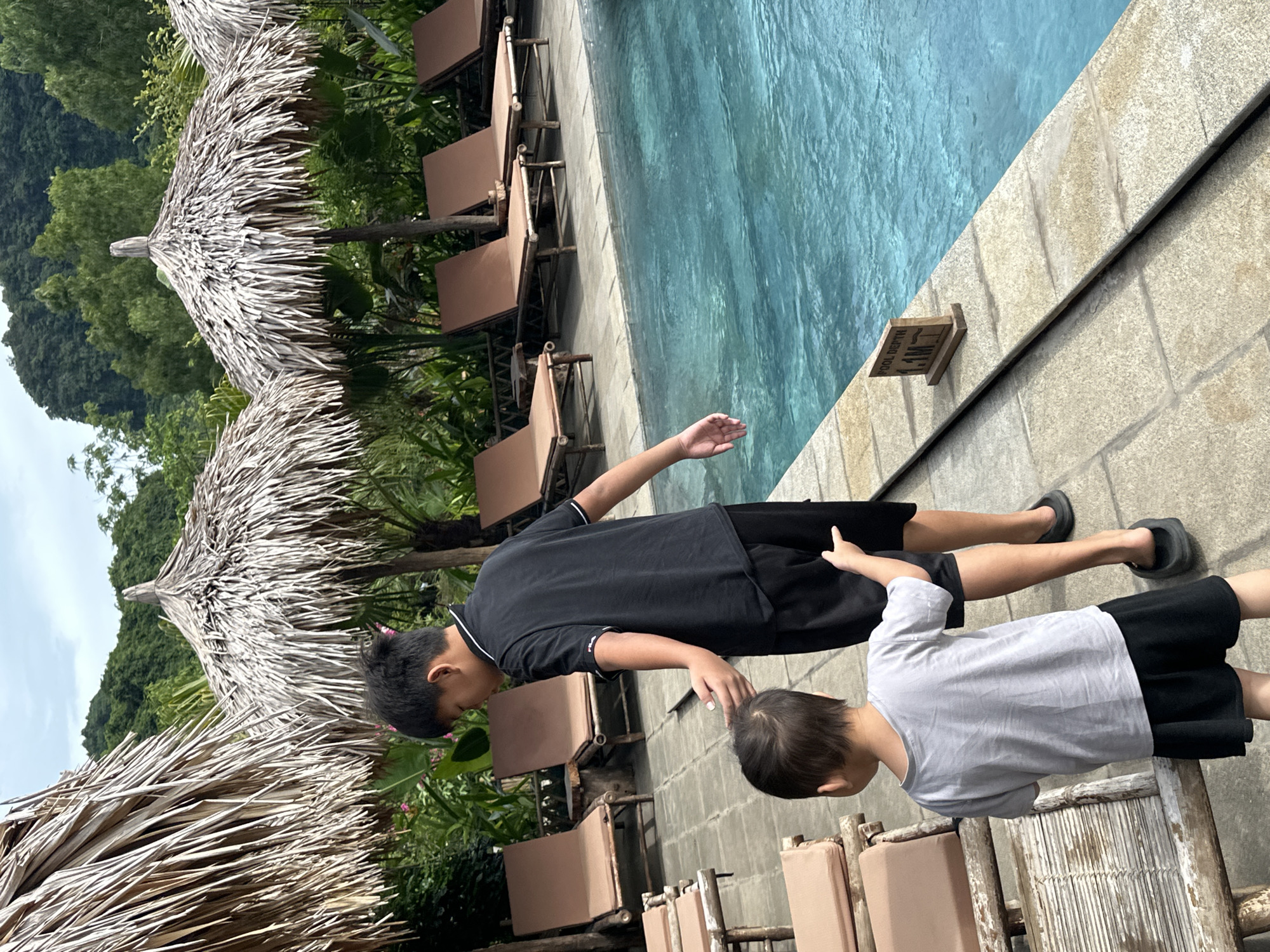 The image depicts a poolside scene at a resort in Nam Hoa Lư Ward, Vietnam. Two young boys are present. The older boy, wearing a black polo shirt and black shorts, is standing with his back to the camera, facing the younger boy and a swimming pool. The younger boy, in a gray t-shirt and black shorts, is also facing away from the camera, looking towards the pool and reaching out with his left arm. They appear to be interacting near the edge of the pool.
The environment includes a swimming pool with clear blue water, a tiled pathway surrounding it, and several lounge chairs with brown cushions. Overhanging the pool area are large thatched umbrellas, providing shade. In the background, lush green vegetation and forested hills are visible, characteristic of the natural landscape in the region. A small wooden sign indicating "POOL DEPTH 1.1M" is placed on the edge of the pool. The lighting suggests it is daytime, with overcast skies.