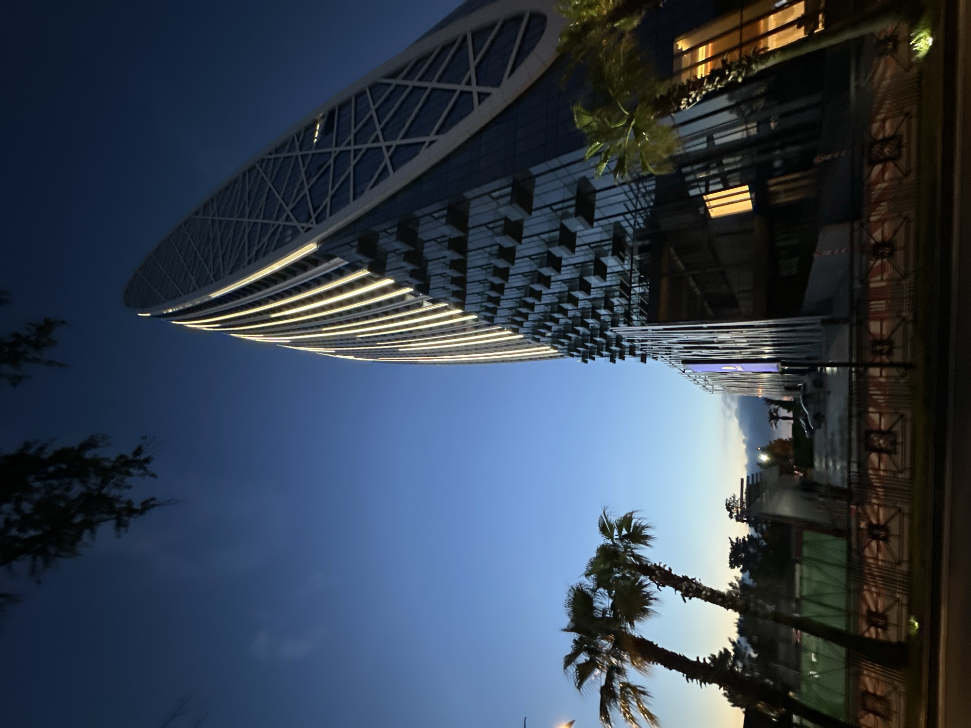 The image depicts a nighttime scene in Batumi, Georgia, featuring the Radisson Blu Hotel as the prominent architectural element. The hotel's modern, curved design is illuminated with linear lights emphasizing its shape. Reflected in the hotel's glass facade are dark cuboid shapes. Palm trees are visible in the foreground, framing the view of the building. The sky transitions from a deep blue at the top of the frame to a lighter hue near the horizon, indicating either dusk or dawn. Other buildings and streetlights are seen in the background, suggesting an urban environment. A decorative fence runs along a pathway with a glimpse of a tennis court behind it, possibly part of a recreational area. The image has been taken with a wide angle lens from a low perspective, tilted 90 degrees counter clockwise emphasizing the height of the building.