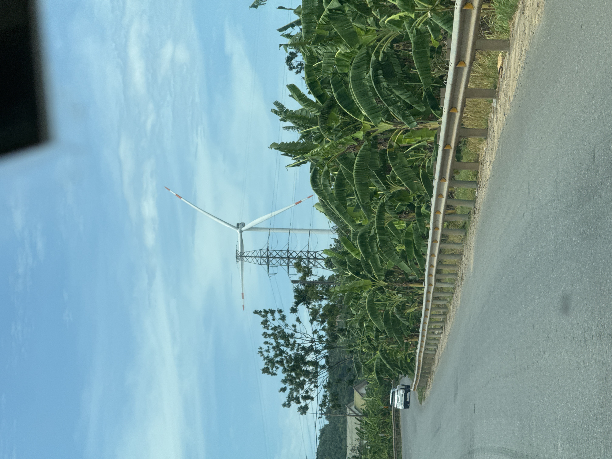 This is a vertical, eye-level, outdoor, medium shot of a road in Tân Lập Commune, Vietnam. The road is paved and runs along the right side of the image. A metal guardrail with yellow reflectors lines the edge of the road. Lush green banana trees with large leaves dominate the left side of the scene, extending into the background. A white car is visible on the road, driving away from the viewer. In the distance, a wind turbine with white blades and red accents stands tall against a bright blue sky with scattered white clouds. A large electricity pylon with crisscrossing wires is also present near the wind turbine. The overall impression is of a rural landscape with a mix of natural and industrial elements under a clear sky, suggesting it is daytime. The scene appears to be peaceful and undeveloped.