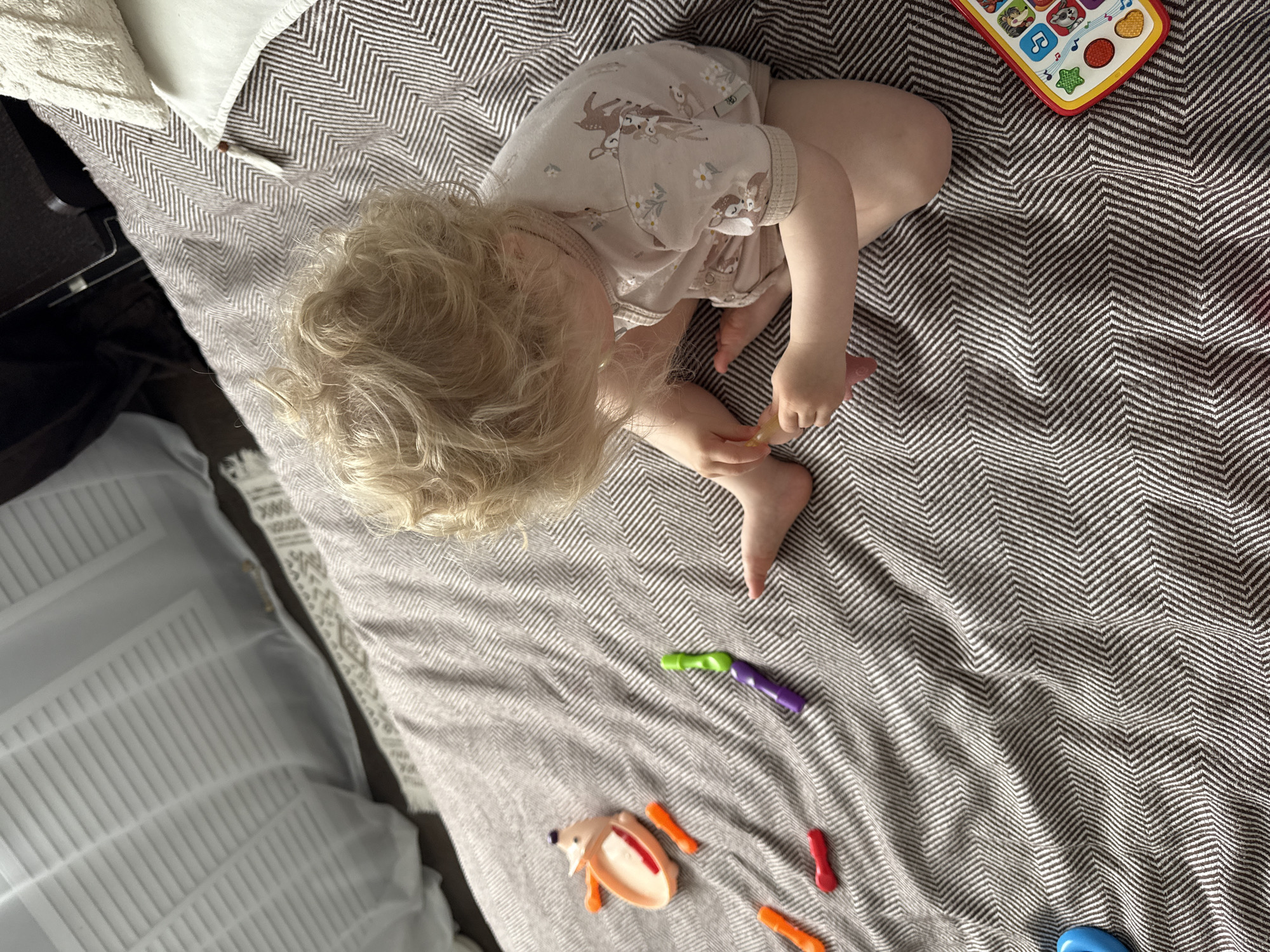 A child with curly blonde hair wearing a light-colored bodysuit with an animal print sits on a gray and brown herringbone patterned blanket, surrounded by colorful toy pieces, including a toy phone, a toy pig's head, and some orange, red, green, purple, and blue toy pieces. The child is holding a yellow toy piece. A white blanket and a piece of furniture are partially visible in the upper left and lower left corners of the image. This image was taken indoors in an unknown location, and there is no evidence that suggests it was taken in Vladimir, Russia.
