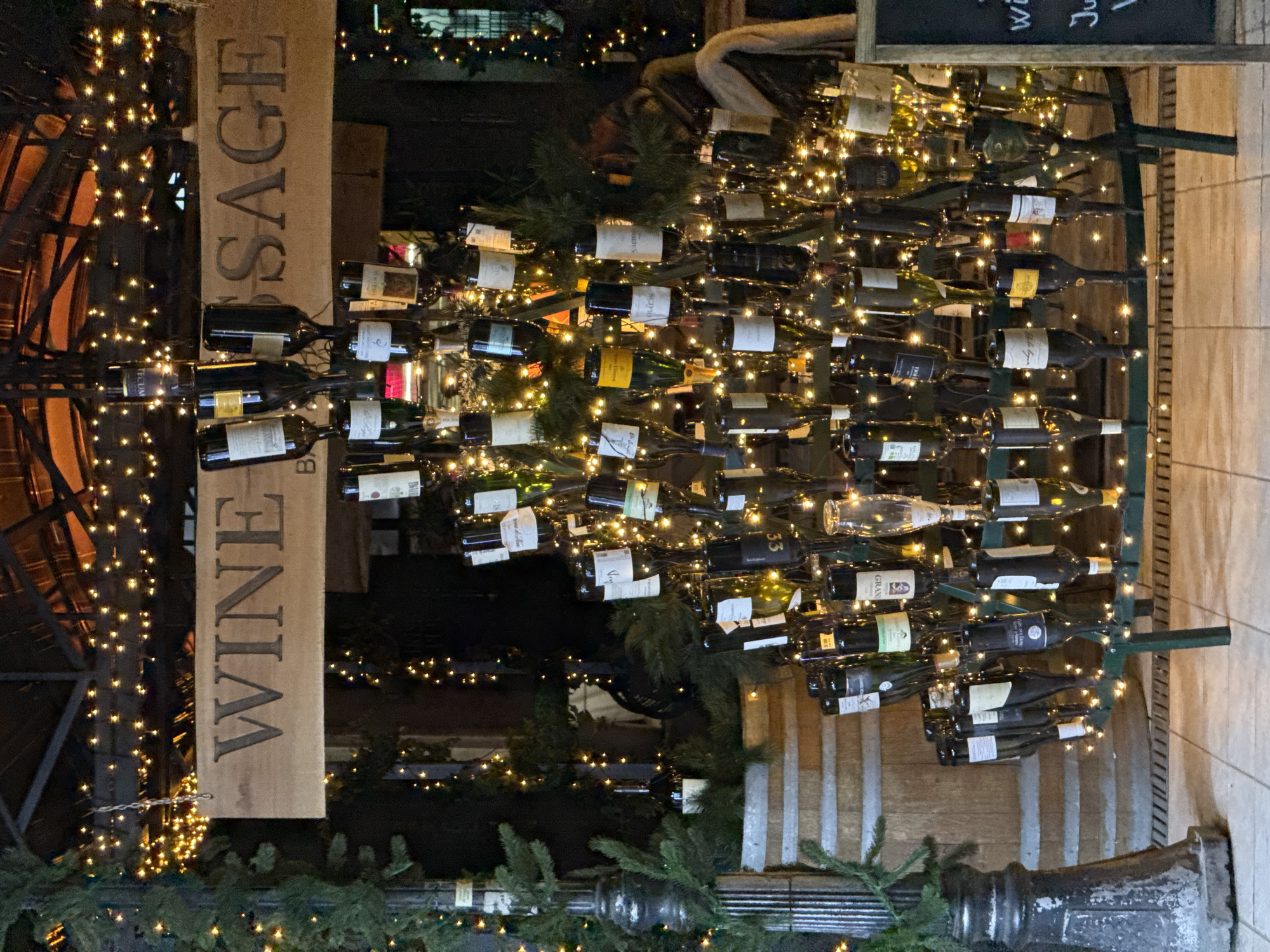 The image depicts a wine display outside a business in Belgrade, Serbia. The display is composed of a metal frame holding numerous wine bottles, illuminated by strings of small, warm-toned lights. Greenery is interspersed amongst the bottles and at the base of the display. A wooden sign reading "WINE SAGE" stands next to the display. The setting appears to be outdoors, with other storefronts and light strings visible in the background, indicative of a commercial district. A portion of a menu or sign board is visible at the upper right corner.