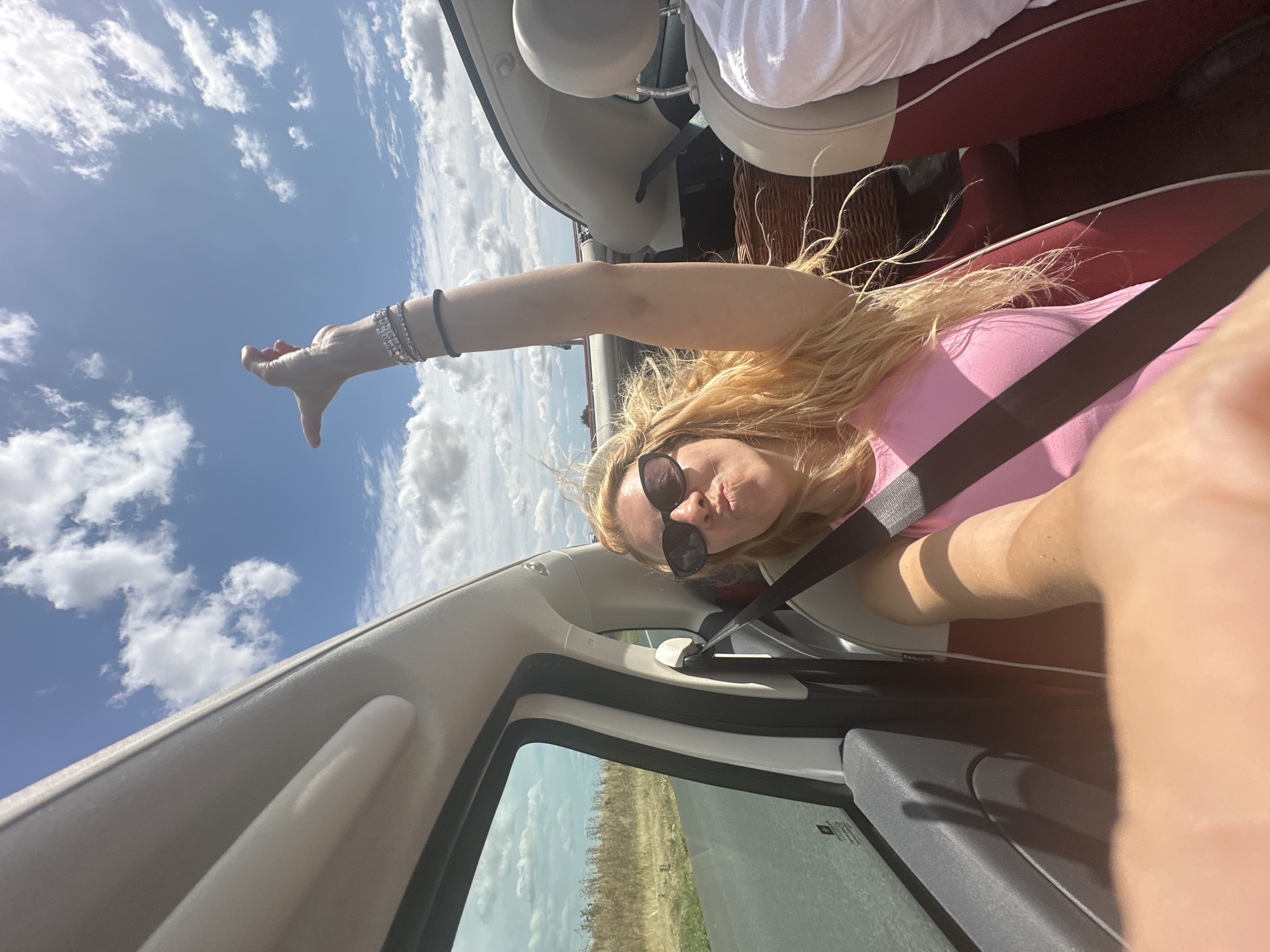 A woman with long blonde hair and sunglasses, wearing a pink top, is in the passenger seat of a convertible car. Her left arm is raised in the air, and her hand is in a gesture. She is puckering her lips. The car is moving, as indicated by the blurred scenery outside the window, which shows a road and dry vegetation. The sky is blue with scattered clouds. The image appears to be taken in Alaincourt, France, based on the surrounding landscape which is consistent with the region.