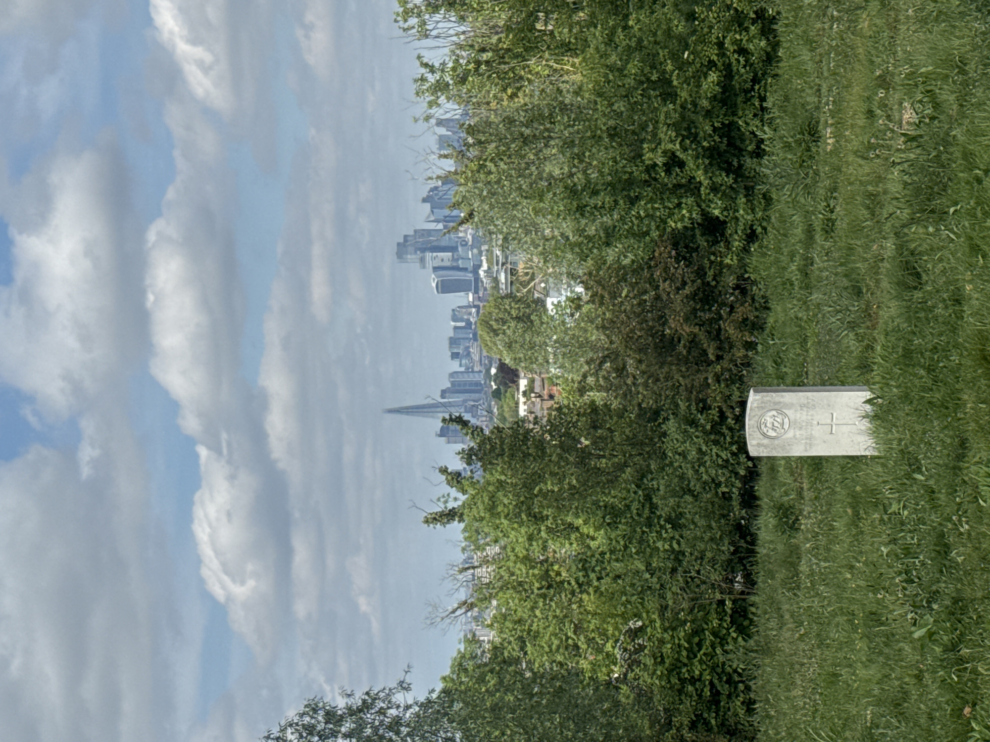 The image depicts a graveyard overlooking the skyline of London, United Kingdom. In the foreground, there's a grassy area with a headstone visible. A dense growth of trees and bushes partially obscures the view of the city skyline. The London skyline features several modern high-rise buildings including The Shard, all set against a backdrop of cloudy skies. The scene suggests a blend of urban and natural elements. The graveyard suggests a somber, reflective atmosphere, contrasted by the bustling city life in the distance.