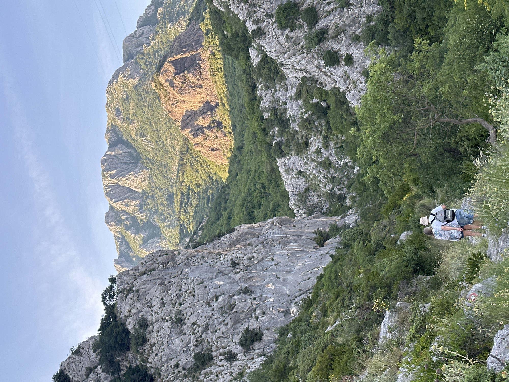 The image captures a vast mountainous landscape, likely in Zupci, Montenegro, viewed from a high vantage point. In the foreground on the right, two individuals are seen from behind, appearing to be hikers or walkers observing the panoramic scene before them. The person on the left wears a light-colored t-shirt, shorts, and a hat, while the person on the right is dressed in a white t-shirt, blue shorts, and carries a gray backpack with "ELLESSE" written on it.
The scene features rugged, rocky mountains covered in dense green vegetation and trees. The distant mountain range on the left is bathed in warm, golden sunlight, indicating either early morning or late afternoon, creating a striking contrast with the cooler, shaded areas closer to the viewer. The sky above is clear and light blue, with faint power lines visible in the upper left quadrant.
The terrain immediately surrounding the observers is rocky and steep, dotted with bushes and scrubland. A clear hiking trail marker, a white square with a red circular center, is visible on a rock in the lower right corner, confirming the presence of a marked path. The overall impression is one of a serene and majestic natural environment, offering breathtaking views.