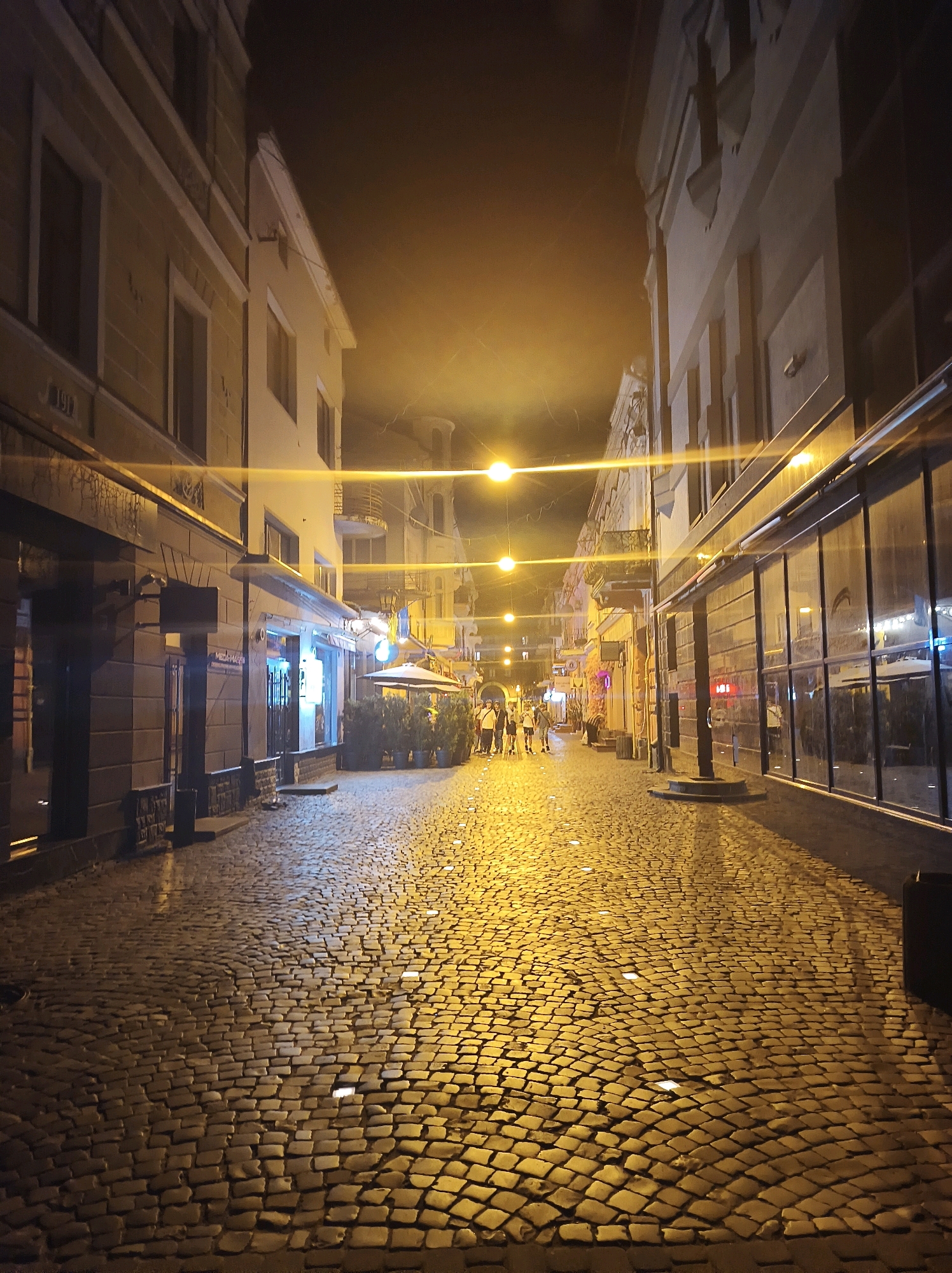 The image depicts a narrow cobblestone street at night in Ternopil, Ukraine, likely in the city center given the presence of shops and restaurants. The street is lined with multi-story buildings, some with commercial establishments on the ground floor, indicated by illuminated shop windows and awnings. Several streetlights cast a warm, yellow glow on the wet cobblestones, creating reflections and illuminating the scene. A group of four to five people are walking away from the camera towards the end of the street, appearing to be engaged in casual conversation or strolling. The overall atmosphere is tranquil and urban, suggesting a lively commercial area that transitions into a quieter night.