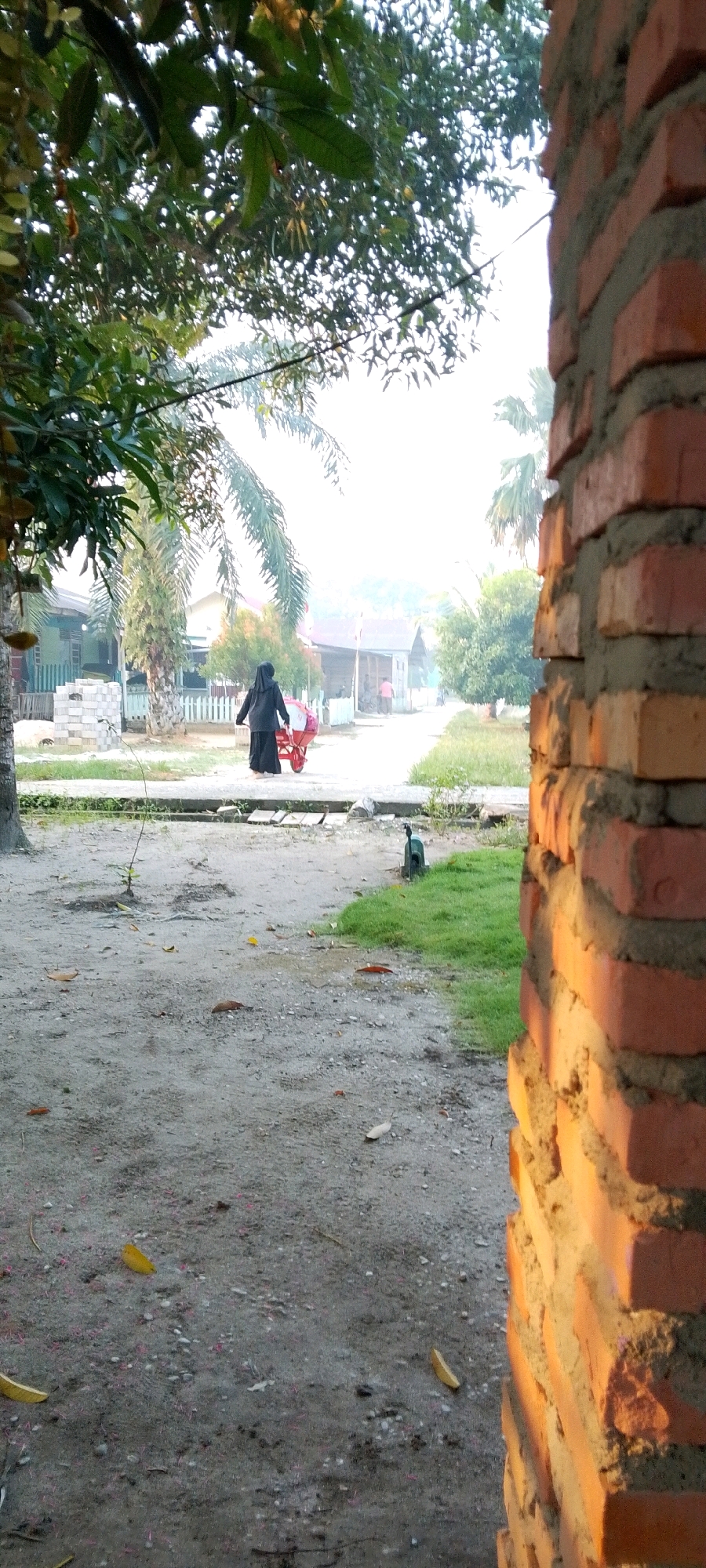 A full-body, back-view shot captures a woman wearing a black hijab and traditional black clothing walking away from the camera. She is pushing a red wheelbarrow along a dirt path. The path is bordered by a strip of green grass on the right and a concrete walkway on the left. Beyond the walkway, there are houses with white picket fences and palm trees. The scene appears to be a residential area in Harapan Jaya, Indonesia, possibly in the early morning or late afternoon, given the soft, warm light illuminating the brick wall on the right side of the frame. The foreground consists of a sandy, uneven ground covered with scattered leaves and small stones. The background is slightly hazy, suggesting a humid climate or distance.