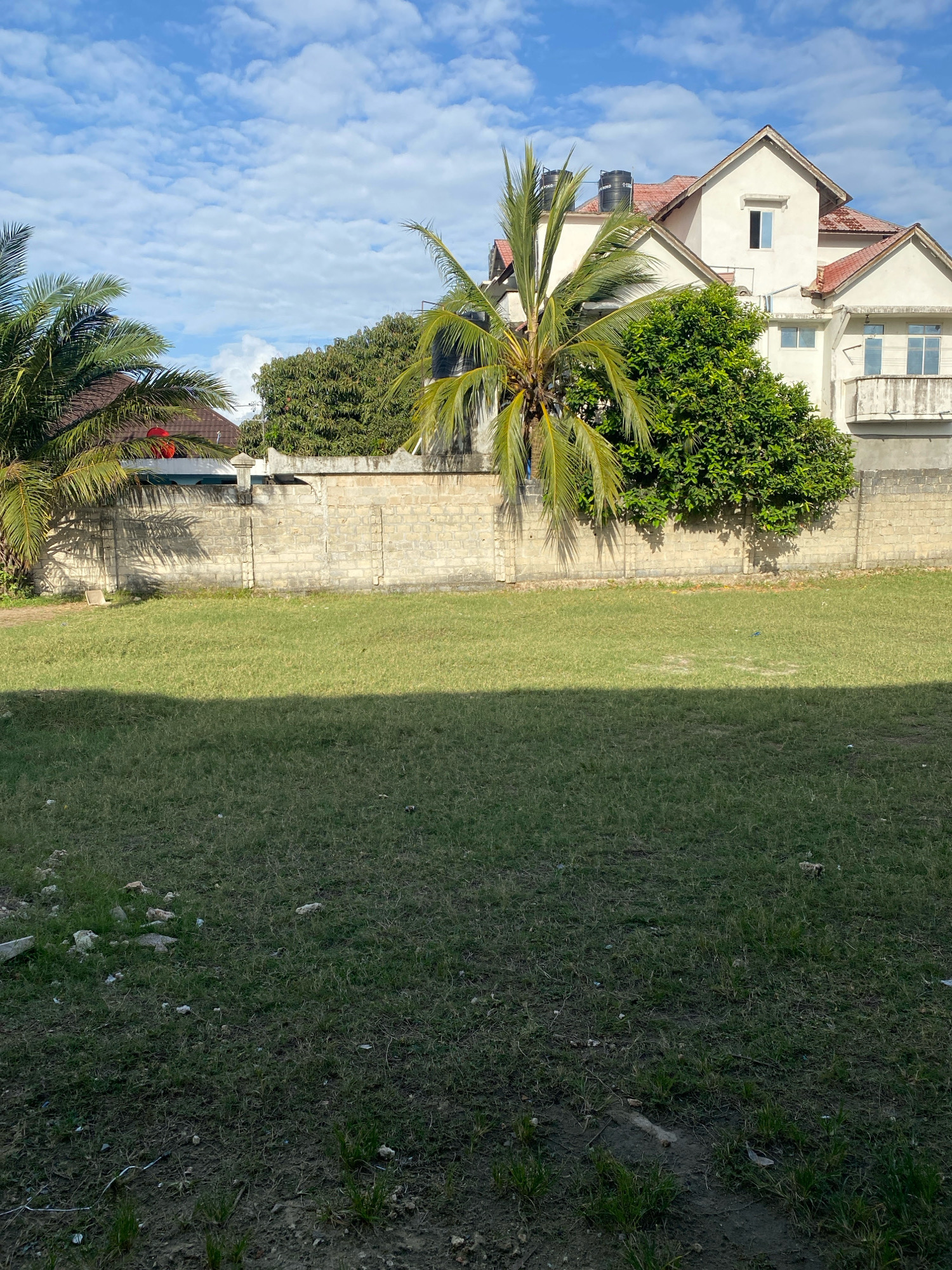 A concrete block wall borders a grassy yard in front of a multi-story building with a red-tiled roof. Palm trees and other foliage are visible behind the wall. The sky above is blue with scattered clouds. The location is identified as Bububu, Tanzania.