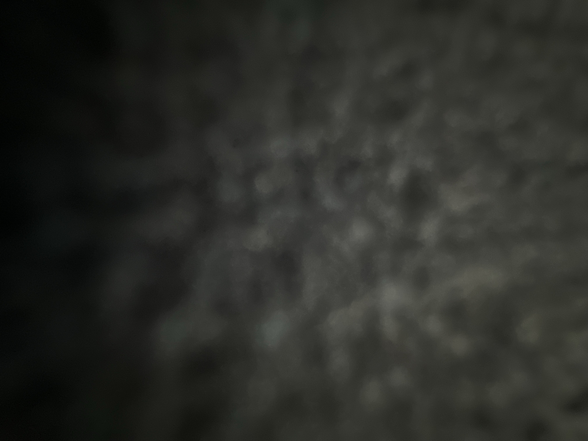 This is a dimly lit, abstract photograph with a very shallow depth of field, rendering most of the image out of focus. The dominant colors are dark grays and blacks, with some lighter, hazy patches that suggest diffused light. The texture of the image is grainy and mottled.
The left side of the frame is darker and appears smoother, gradually transitioning into the more textured and lighter area on the right. This textured area is composed of numerous blurry, circular or oval-shaped highlights that create a dappled or bokeh effect. It is difficult to discern specific subjects, objects, or a clear scene due to the extreme blurriness. It could be an abstract representation of a textured surface, possibly illuminated by small, out-of-focus light sources. There is no indication of people, specific objects, or a recognizable setting.
The overall impression is one of mystery and obscurity. There is no visible text or any clear cues about the time of day, weather, or location. The abstract nature of the image makes it impossible to identify any activity or event taking place. The emotions evoked are ambiguous, leaning towards somber or contemplative due to the dark palette and lack of clear detail. The provided location context of Belgrade, Serbia, does not offer any visual clues within the image itself.