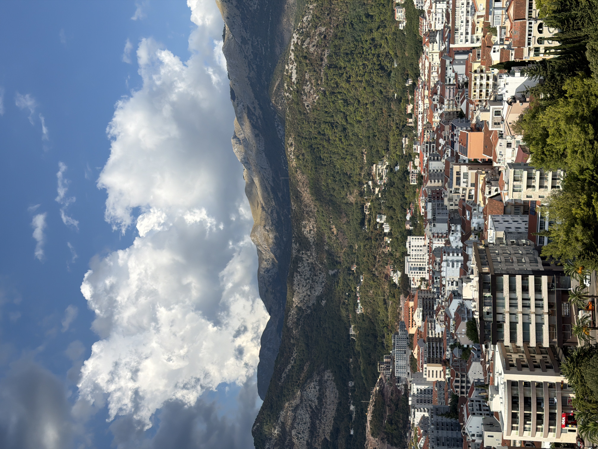 An aerial, eye-level, wide shot captures a sprawling city of Budva, Montenegro, nestled against a backdrop of lush green mountains and a dramatic cloudy sky. The urban landscape is a dense tapestry of buildings, predominantly low-rise structures with terracotta-tiled roofs, interspersed with taller, modern apartment buildings featuring light-colored facades and numerous balconies. The architecture suggests a mix of residential and commercial spaces.
The middle ground is dominated by the verdant mountainside, densely covered in trees, with scattered residential buildings visible clinging to the slopes. The rugged terrain of the mountains is textured with rocky outcrops and patches of lighter, sparser vegetation, especially at higher elevations.
The sky above is a vibrant blue, partially obscured by large, billowing white and grey clouds. Sunlight intermittently breaks through, casting distinct shadows on the mountains and highlighting certain cloud formations.
In the foreground, a dense cluster of green trees and evergreen trees partially obscures the lower portion of the cityscape, adding depth and a natural element to the scene. The overall impression is one of a coastal city harmoniously integrated with its natural mountainous environment.