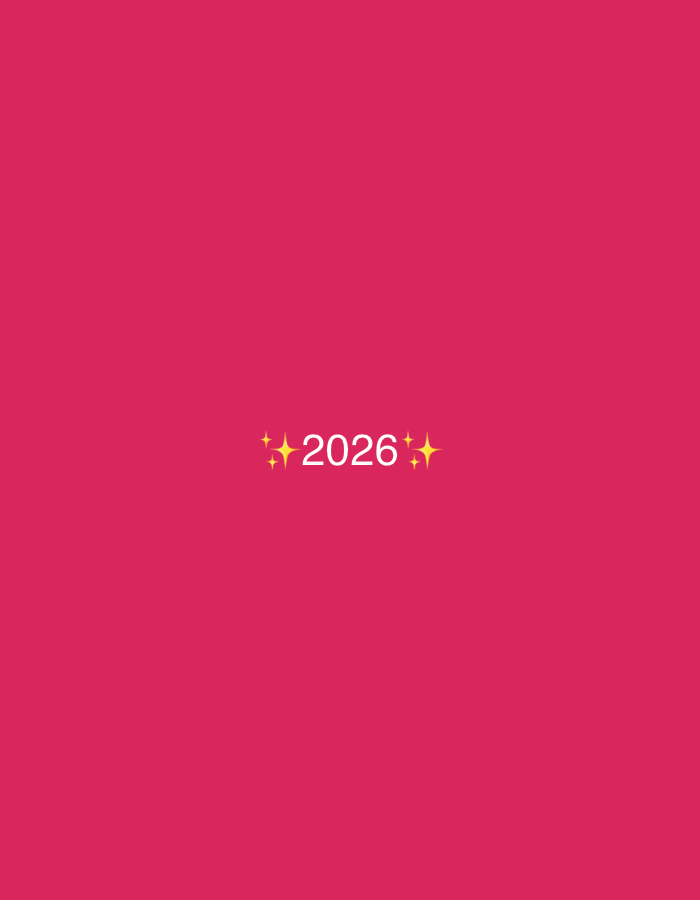 A solid, bright pink background centrally features the sparkling number "2026". Glitter-like symbols flank the year on either side. The composition is simple and eye-catching, placing emphasis on the year.