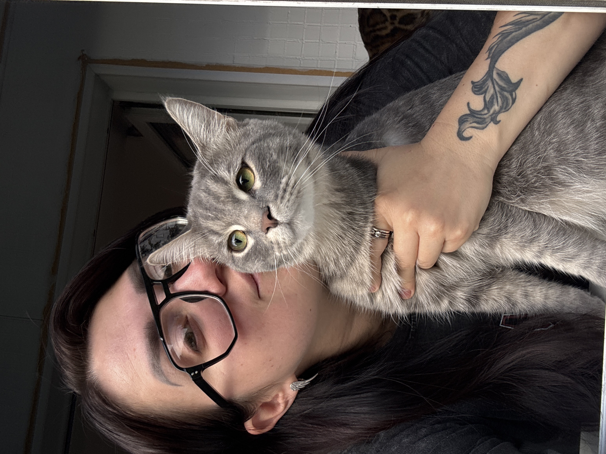 A person is holding a grey cat in a close-up, indoor shot. The image is oriented vertically, with the person's head positioned at the bottom left and the cat at the center, looking directly at the viewer.
The person has dark hair, is wearing black-framed glasses, and has an earring resembling a silver wing with small gems on their left ear. A ring with multiple bands is visible on their left ring finger. Their right forearm, holding the cat, displays a dark, stylized tattoo with organic, possibly leafy, designs. The person's expression is relaxed, with a hint of a smile.
The cat is a grey tabby with short fur, prominent white whiskers, and striking green eyes. It appears calm and is being held comfortably by the person, nestled against their chest. The cat's face is centered in the frame, making eye contact with the camera.
The background is dimly lit, revealing parts of a white door or window frame on the left and top. Some textured wall or ceiling detail is visible behind the cat. A hint of a dark, possibly leopard print, pattern can be seen in the upper right background, suggesting furniture or fabric. The overall setting appears to be a domestic interior during the daytime, with soft light illuminating the subjects. There is no visible text in the image.