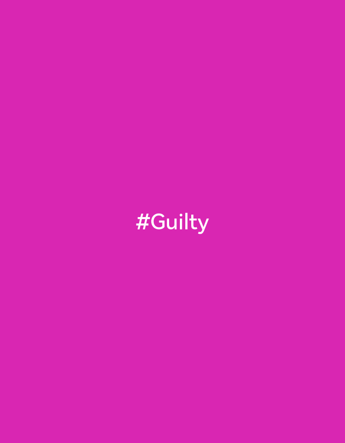 The image displays a vibrant, solid magenta background, against which the white text "#Guilty" is prominently centered. The hashtag is rendered in a clean, sans-serif font. There are no discernible subjects such as people or objects, nor is there a specific scene or setting depicted; the image is entirely abstract and minimalist. No activity or event is taking place. Notable details include the strong color contrast between the bright magenta and the white text. There are no visible cues for time of day, weather, or a physical location. The only visible text is "#Guilty." The provided crops confirm the consistent appearance of the text and background across different sections of the image.